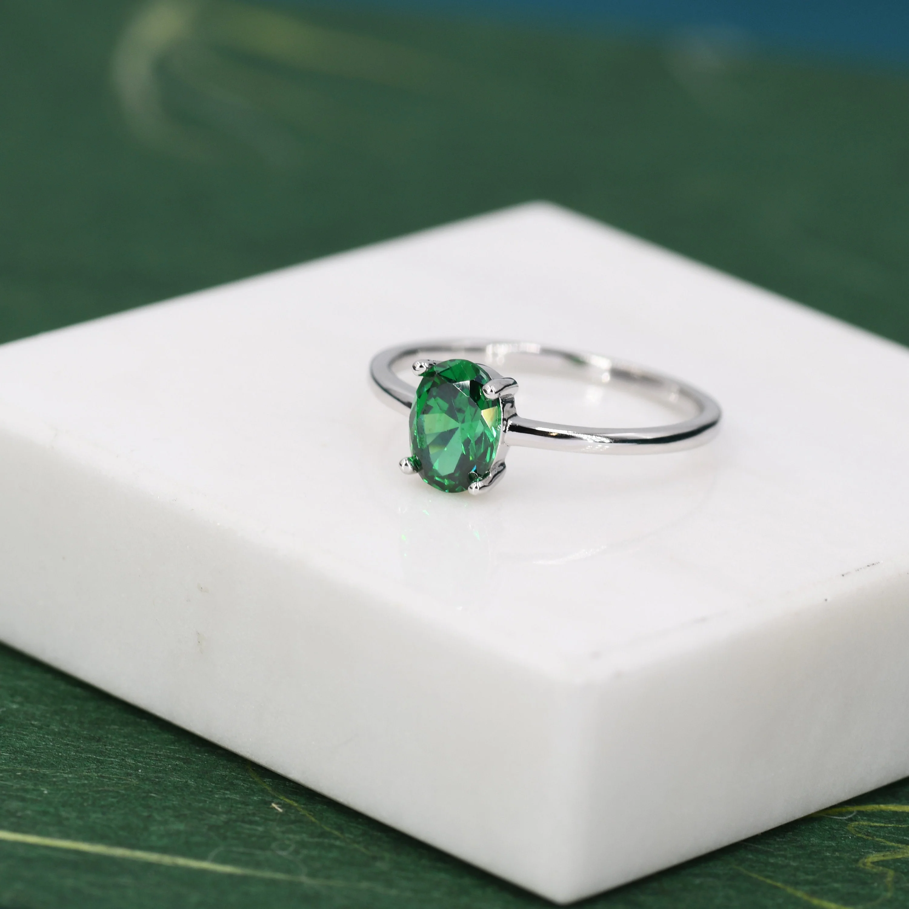1 Carat Emerald Green CZ Oval Cut Ring in Sterling Silver, 5x7mm Green Zircon Ring, US Size 5-8, Green Oval Ring, May Birthstone - Image 2