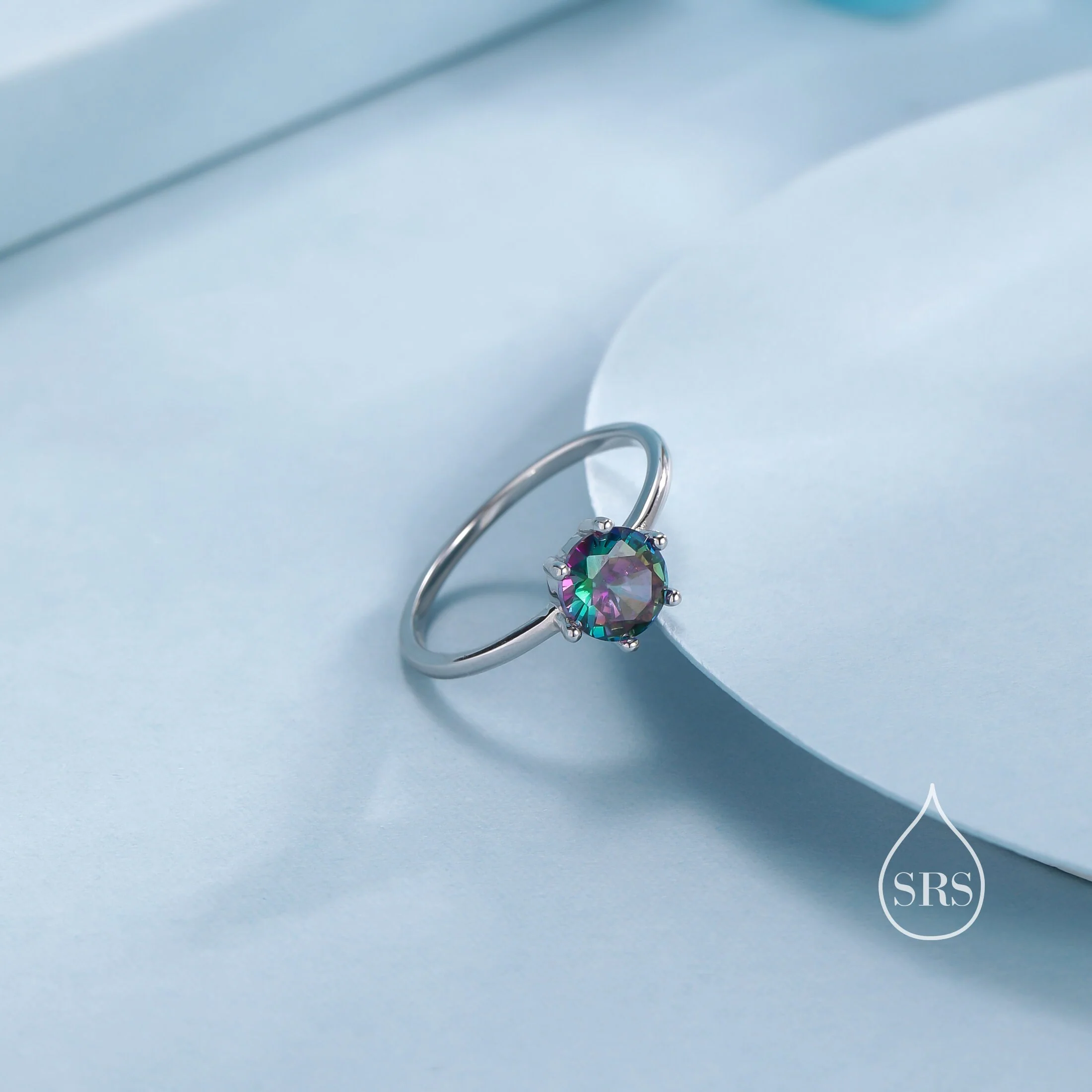 1 Carat Mystic Black CZ Ring in Sterling Silver, 6mm Mystic Topaz CZ Ring, US Size 5-8, Six Prong Ring, Colour Changing Black Crystal Ring - Image 4
