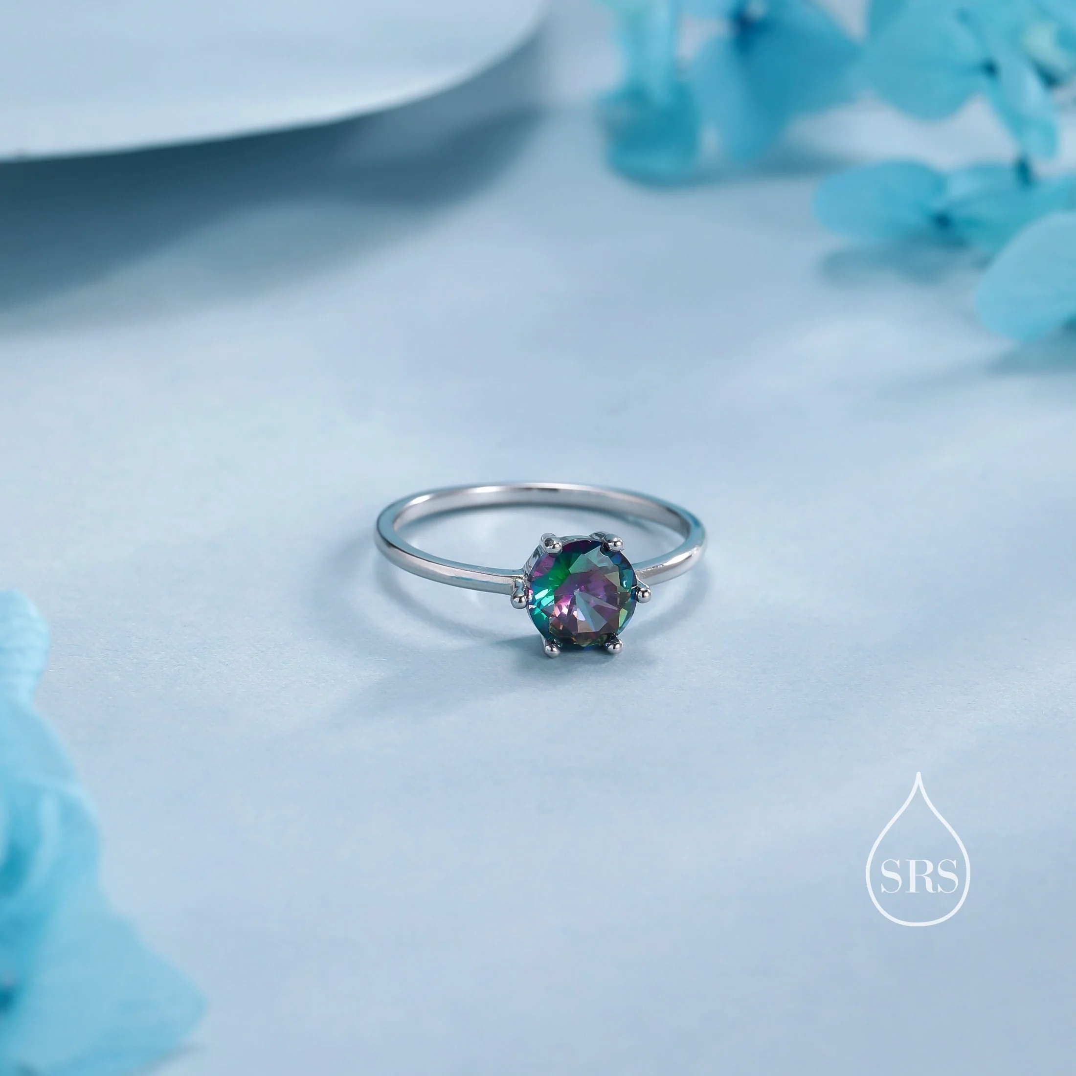1 Carat Mystic Black CZ Ring in Sterling Silver, 6mm Mystic Topaz CZ Ring, US Size 5-8, Six Prong Ring, Colour Changing Black Crystal Ring - Image 6