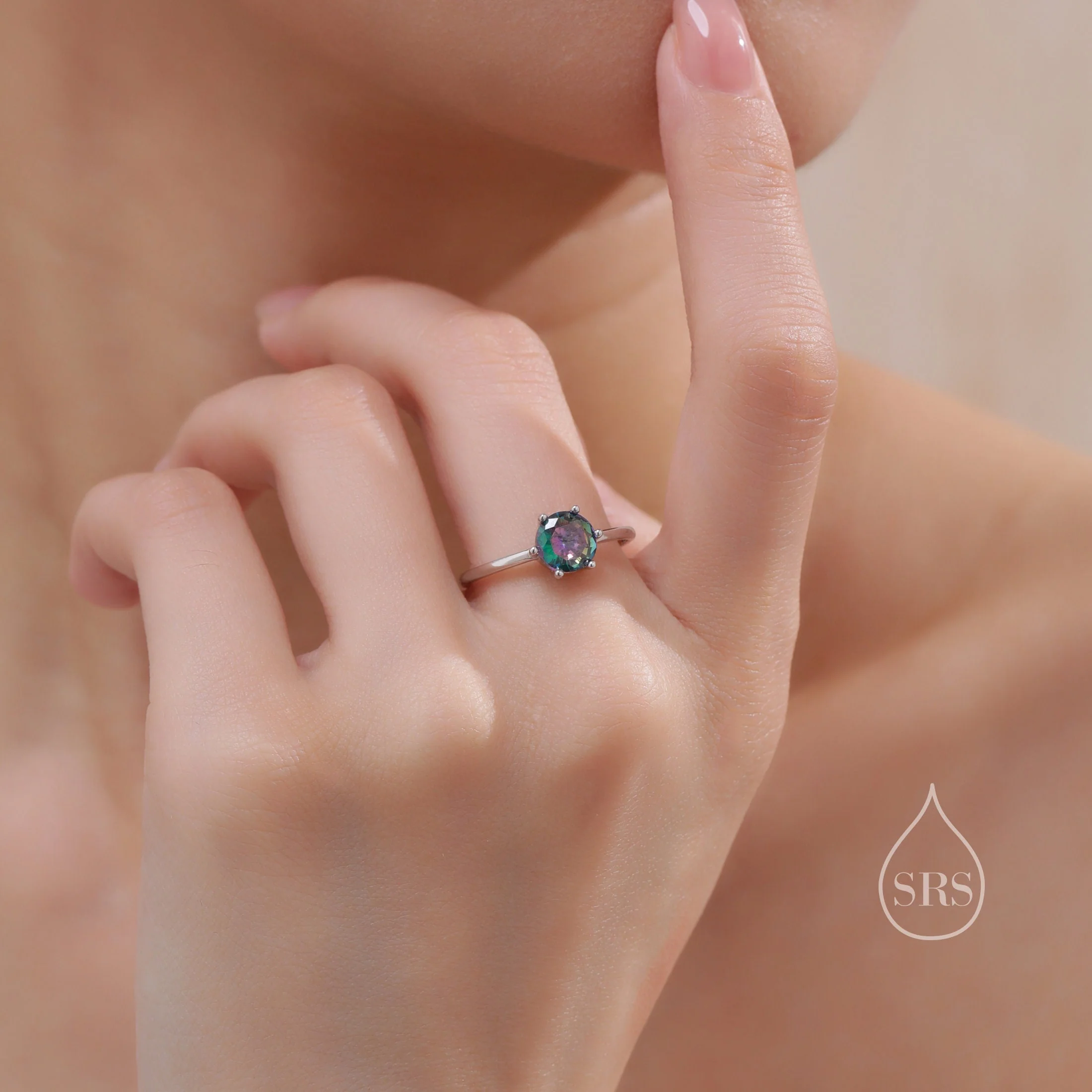 1 Carat Mystic Black CZ Ring in Sterling Silver, 6mm Mystic Topaz CZ Ring, US Size 5-8, Six Prong Ring, Colour Changing Black Crystal Ring - Image 7