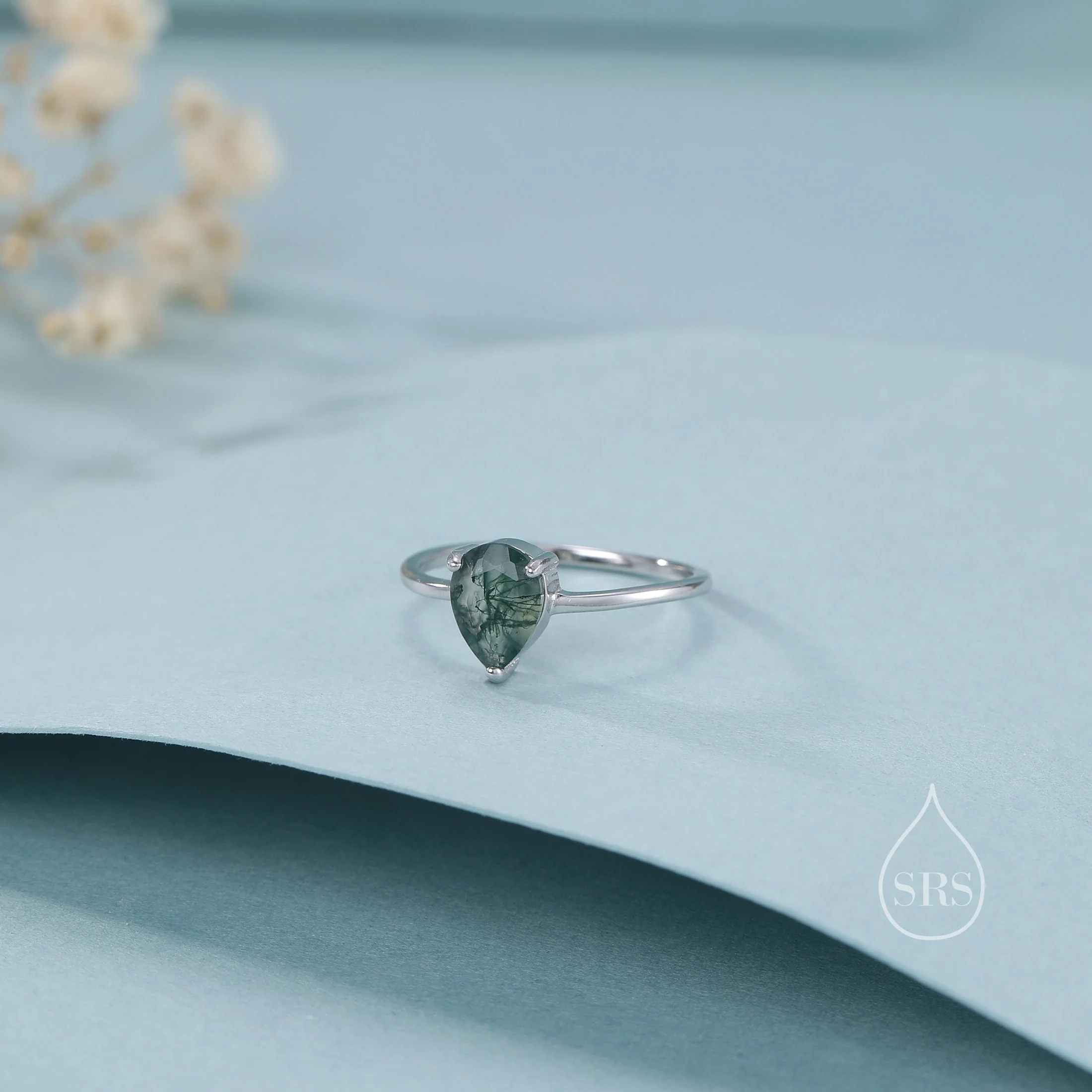 1 Carat Pear Cut Moss Agate Classic Single Stone Engagement Ring in Sterling Silver, Droplet Moss Agate Ring, US 5-8 - Image 7