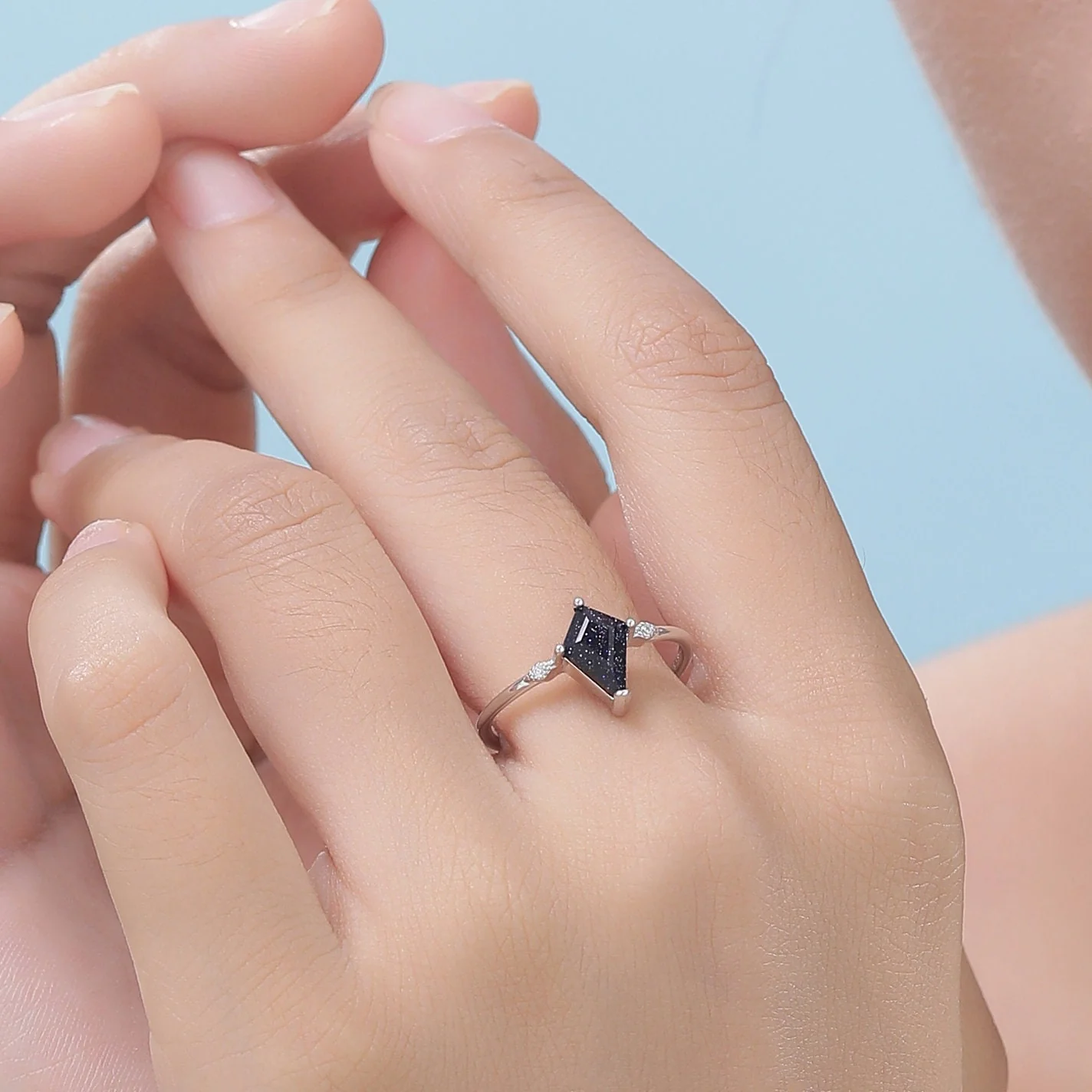 1 Carat Rhombus Cut Blue Sandstone Ring in Sterling Silver, Kite Shape Blue Sandstone Ring, US 5-8 - Image 2
