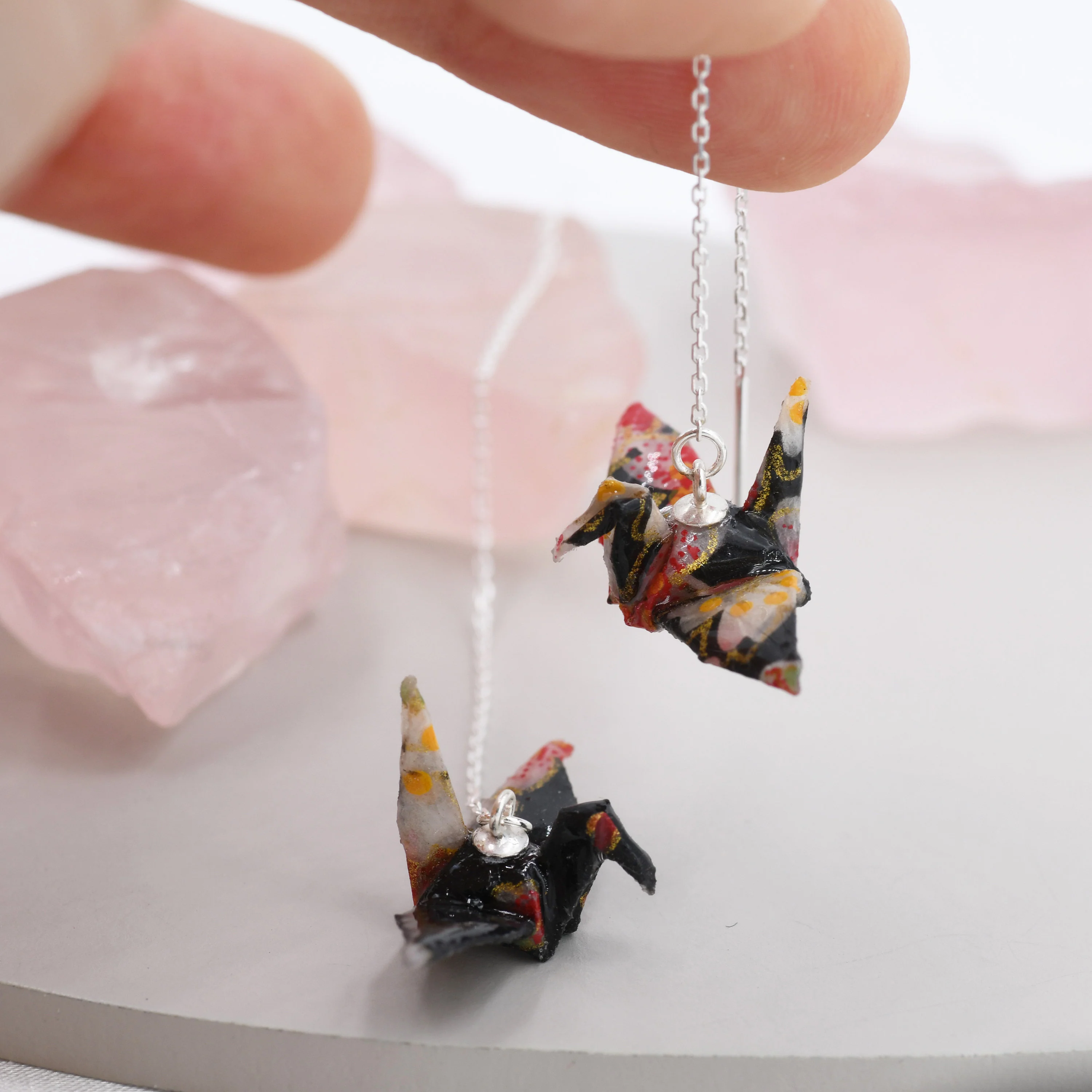 Japanese Paper Origami Crane Threader Earrings in Sterling Silver, Resin Sealed Genuine Japanese Washi Paper, Black, Long Lasting Earrings - Image 5