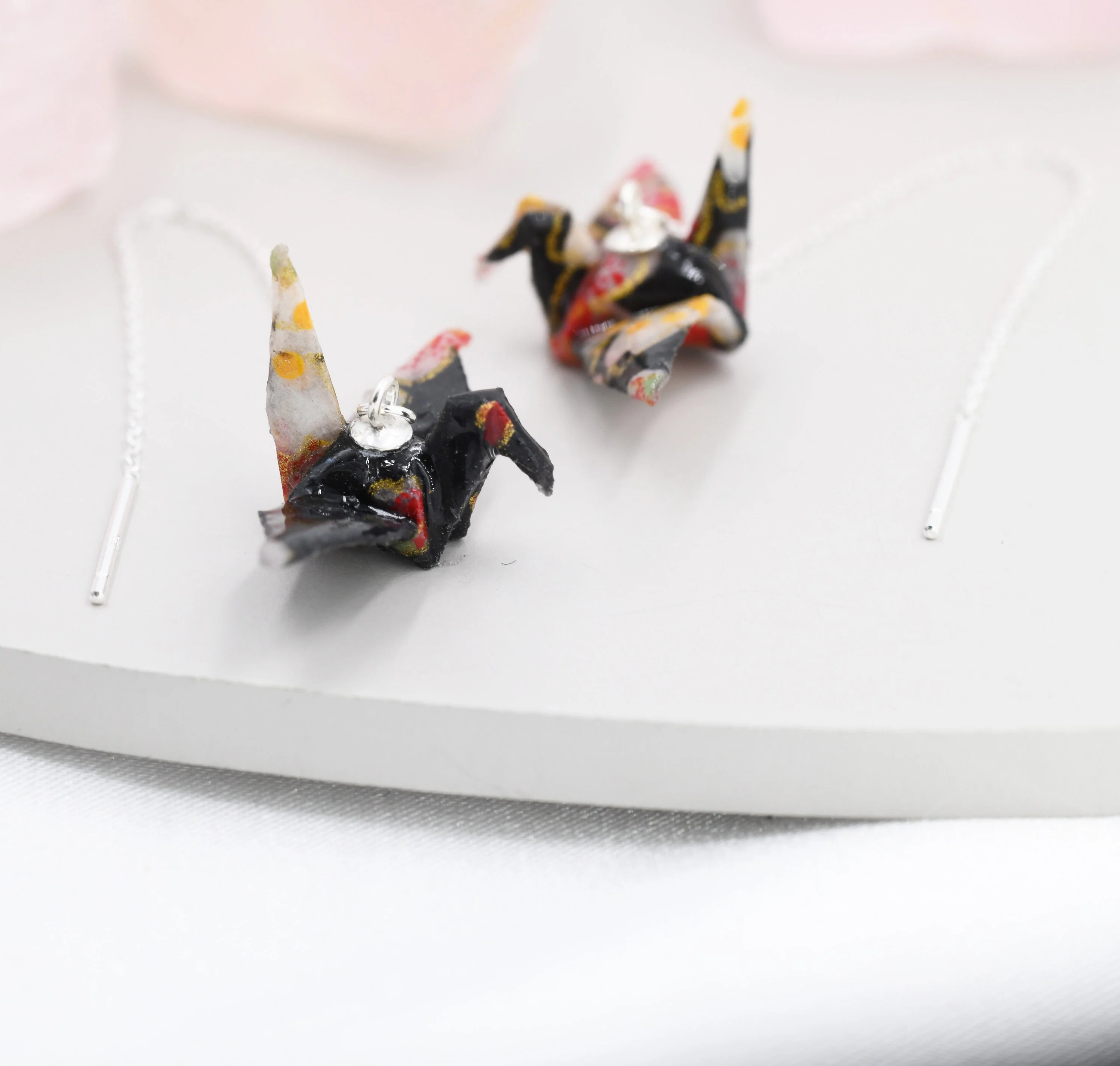 Japanese Paper Origami Crane Threader Earrings in Sterling Silver, Resin Sealed Genuine Japanese Washi Paper, Black, Long Lasting Earrings - Image 6