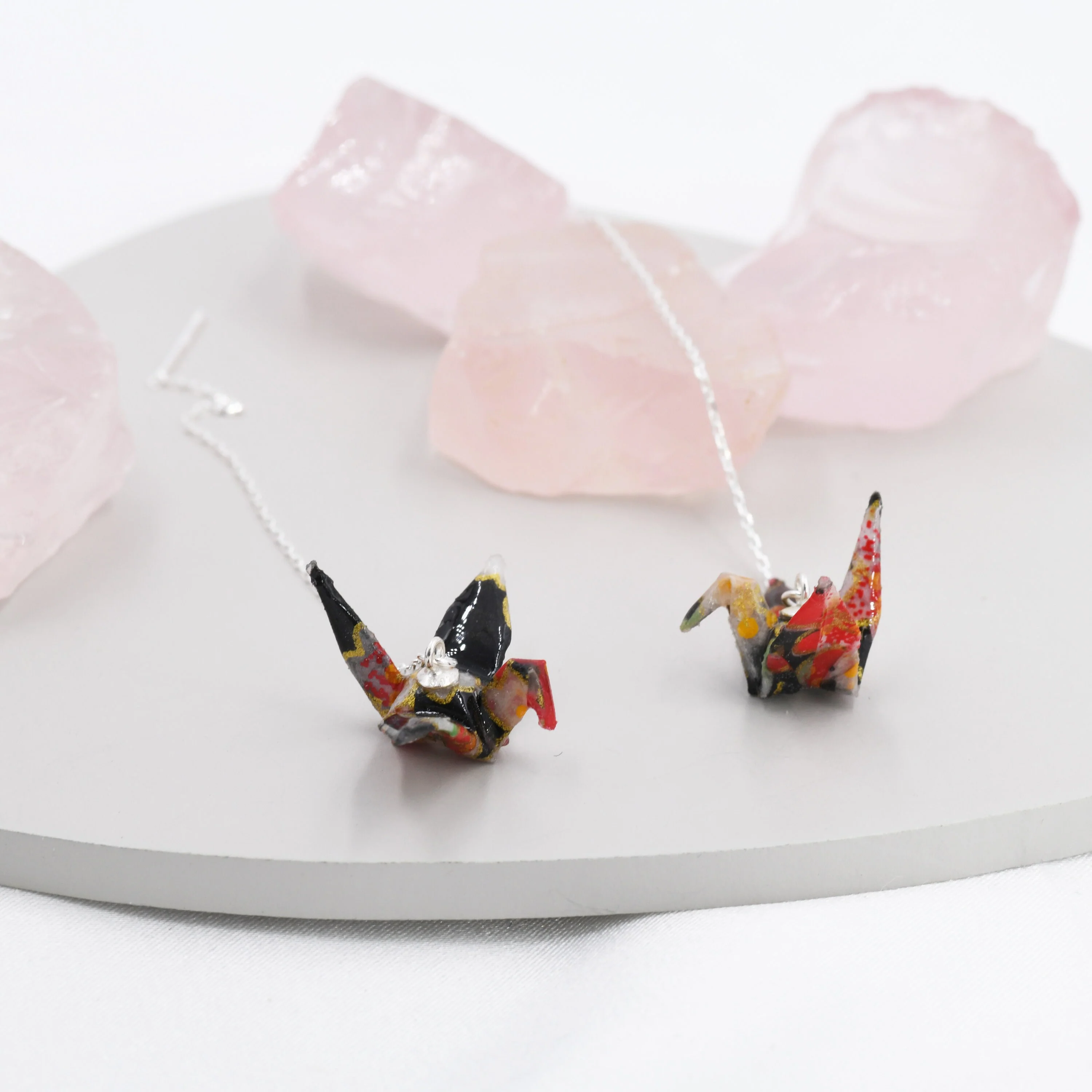 Japanese Paper Origami Crane Threader Earrings in Sterling Silver, Resin Sealed Genuine Japanese Washi Paper, Black, Long Lasting Earrings - Image 7