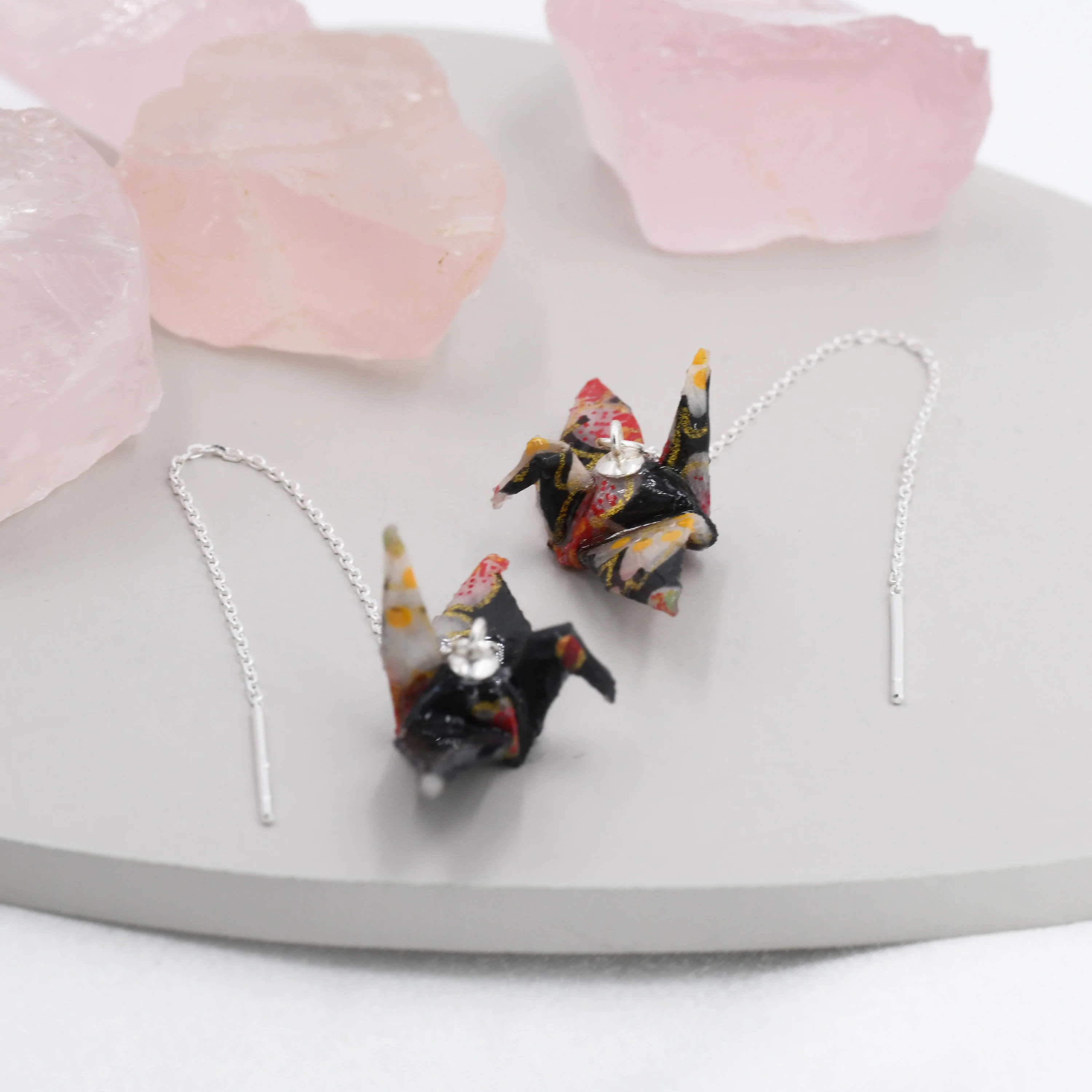Japanese Paper Origami Crane Threader Earrings in Sterling Silver, Resin Sealed Genuine Japanese Washi Paper, Black, Long Lasting Earrings - Image 9