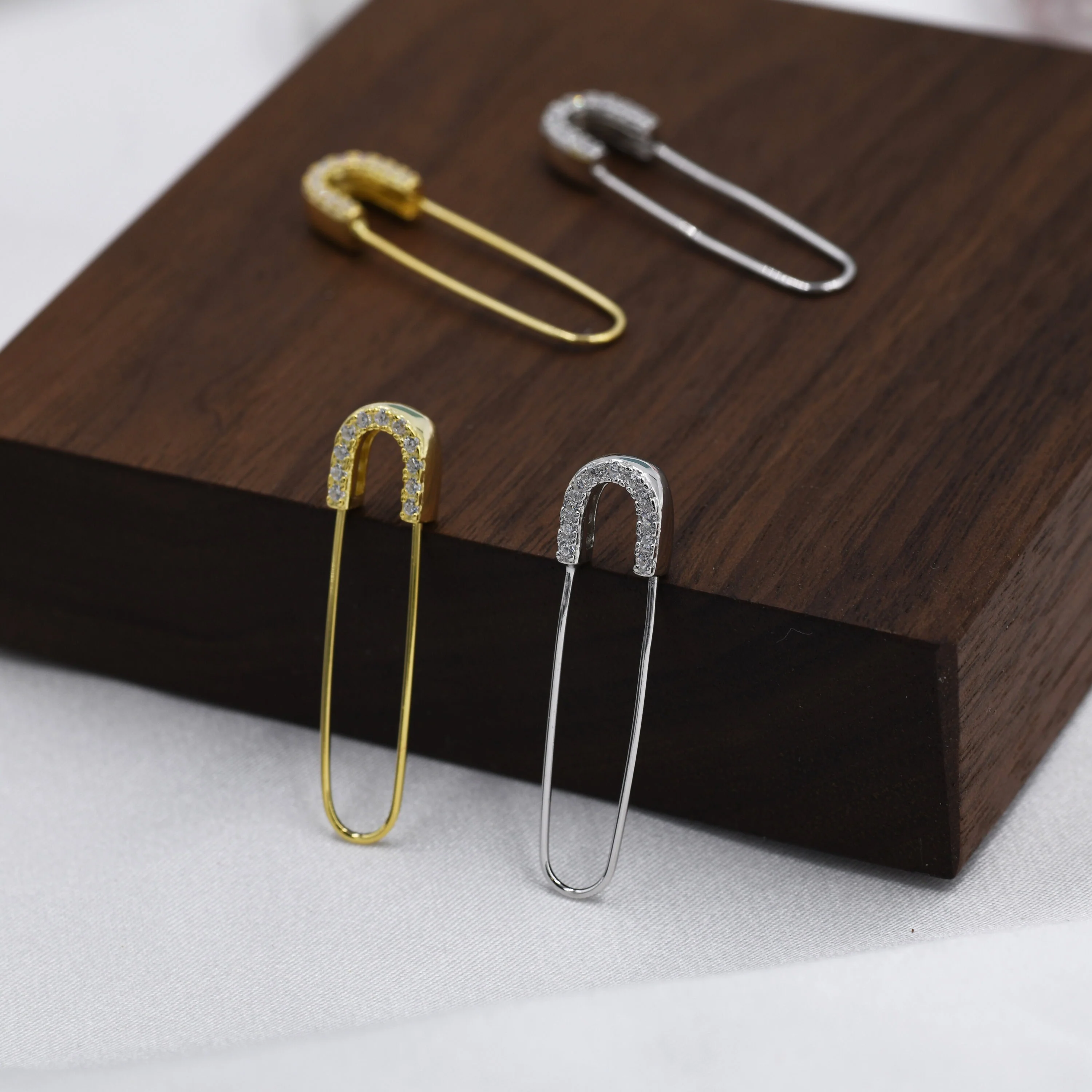 CZ Pave Safety Pin Hoop Earrings in Sterling Silver, Safety Pin Earrings, Silver or Gold - Image 4