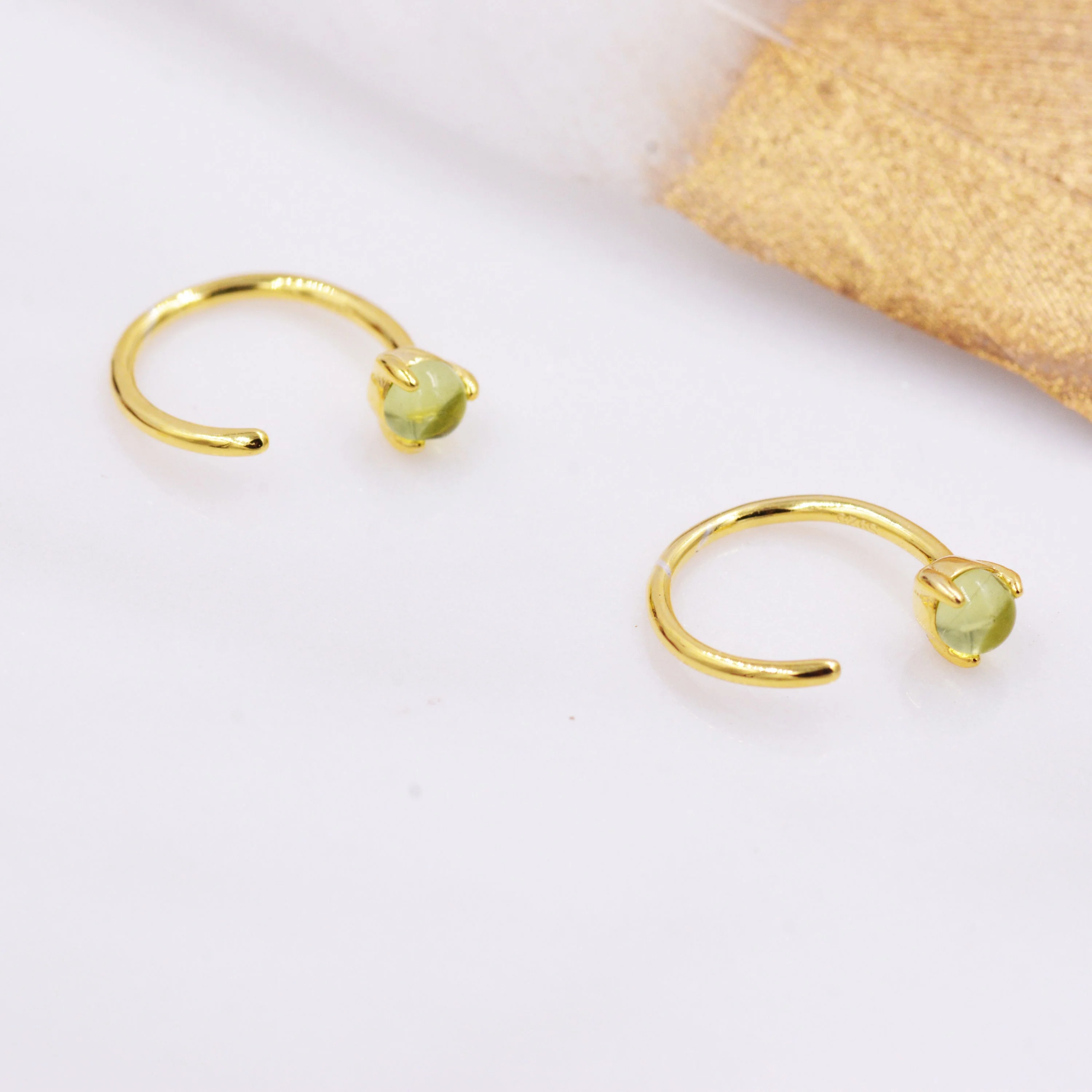 Natural Peridot Huggie Hoop Threader Earrings in Sterling Silver, 3mm Three Prong, Gold or Silver, Pull Through Open Hoops - Image 3