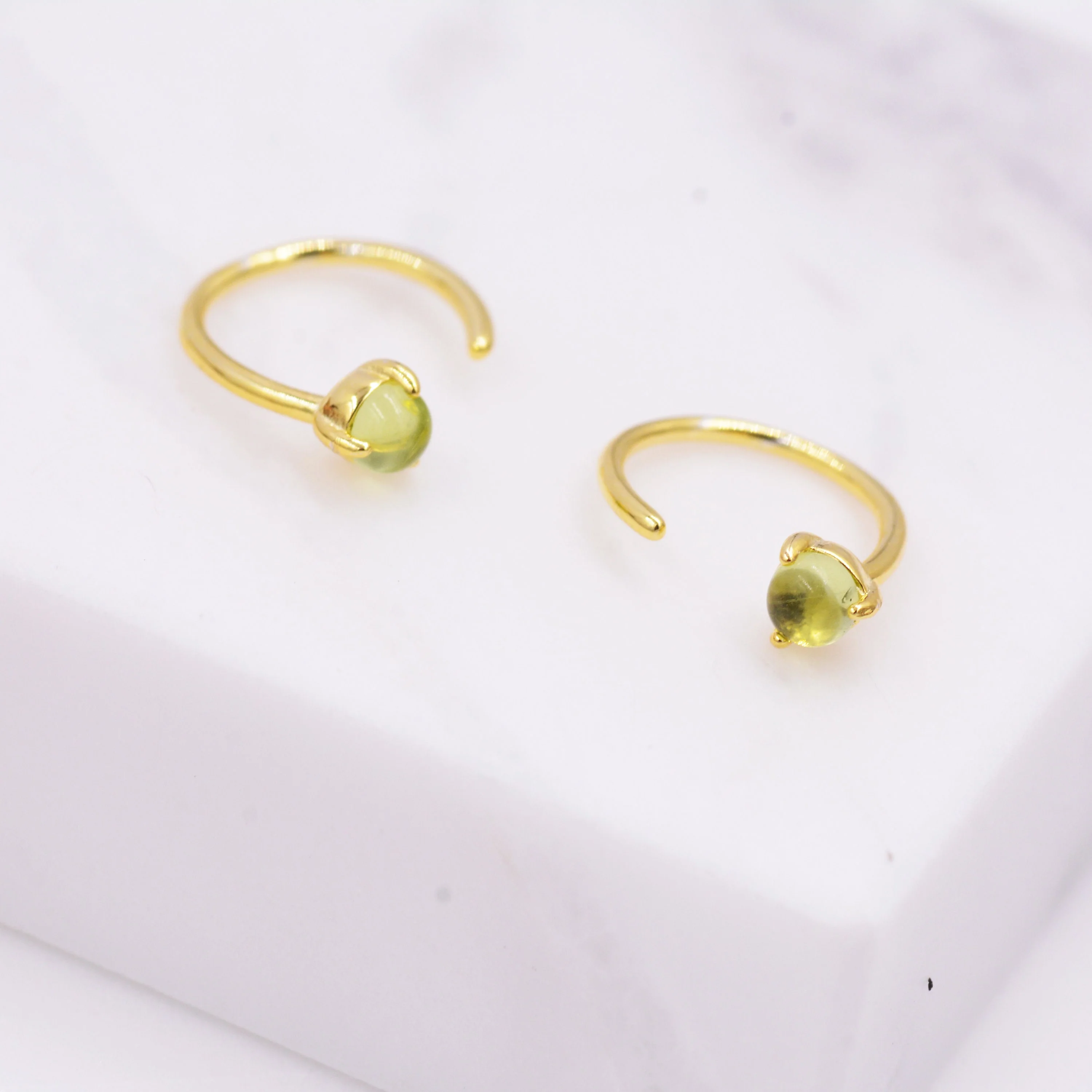 Natural Peridot Huggie Hoop Threader Earrings in Sterling Silver, 3mm Three Prong, Gold or Silver, Pull Through Open Hoops - Image 4