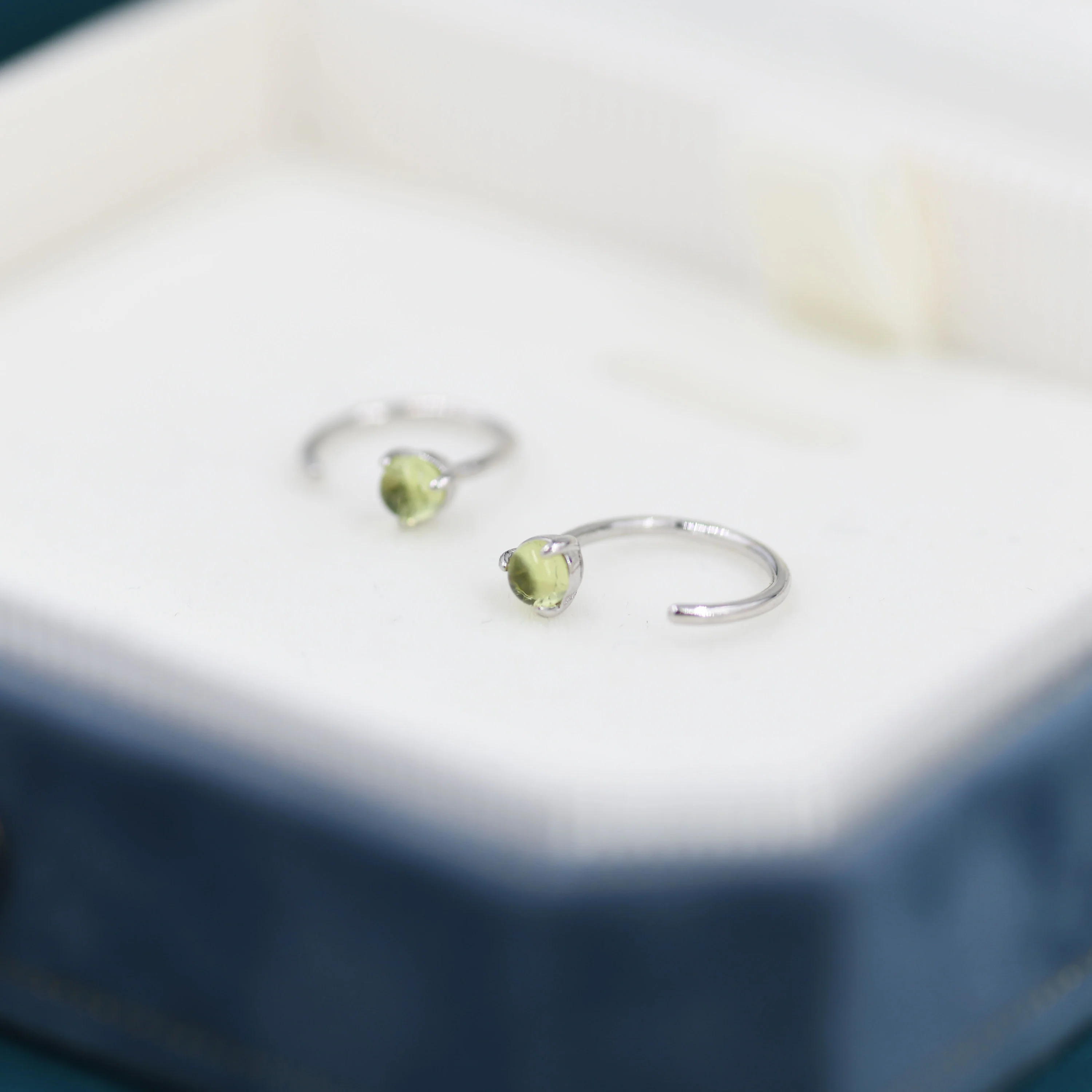 Natural Peridot Huggie Hoop Threader Earrings in Sterling Silver, 3mm Three Prong, Gold or Silver, Pull Through Open Hoops - Image 8