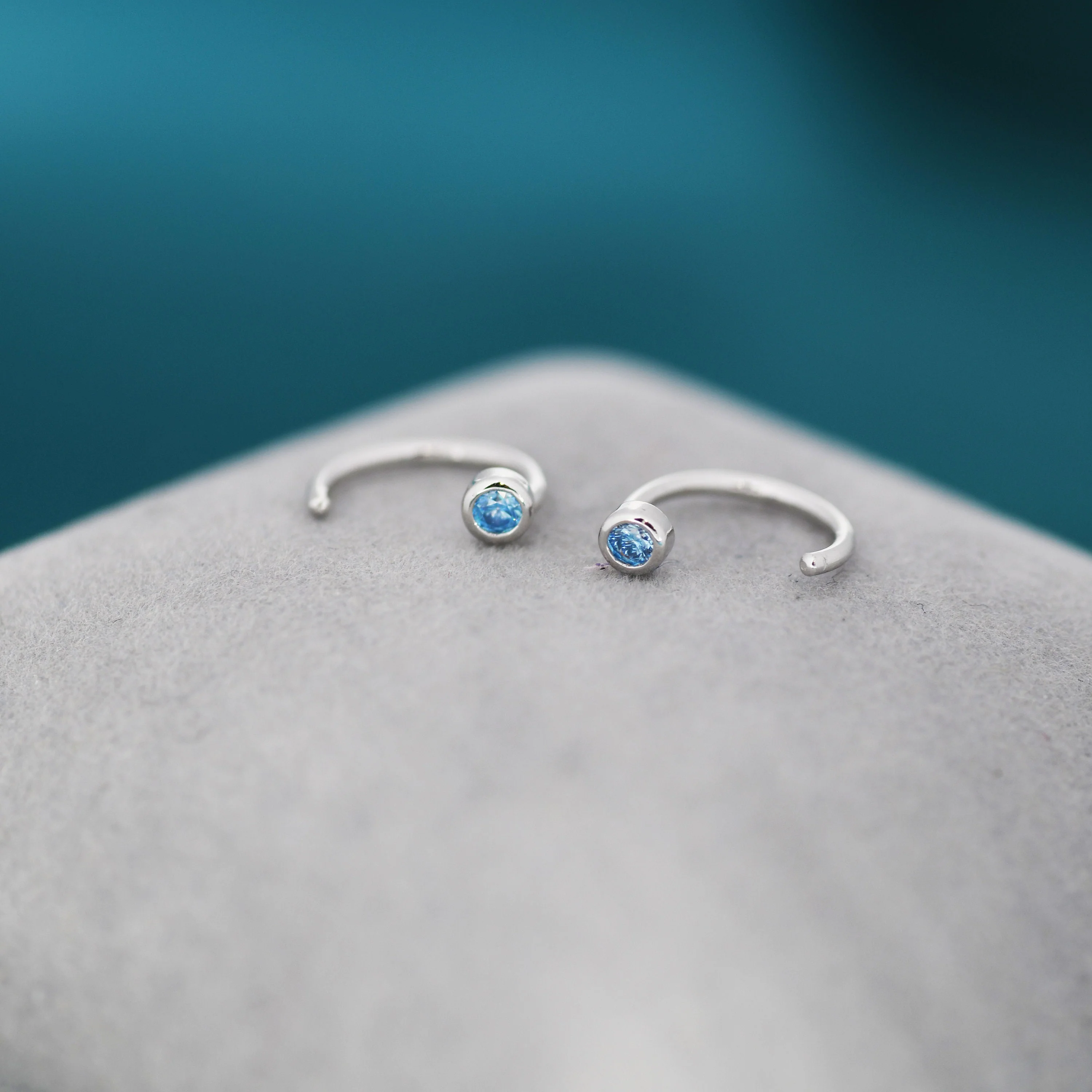 2mm Aquamarine Blue CZ Huggie Hoop Earrings in Sterling Silver, Half Hoop, Open Hoop, Pull Through, Dainty Earrings, March Birthstone - Image 4