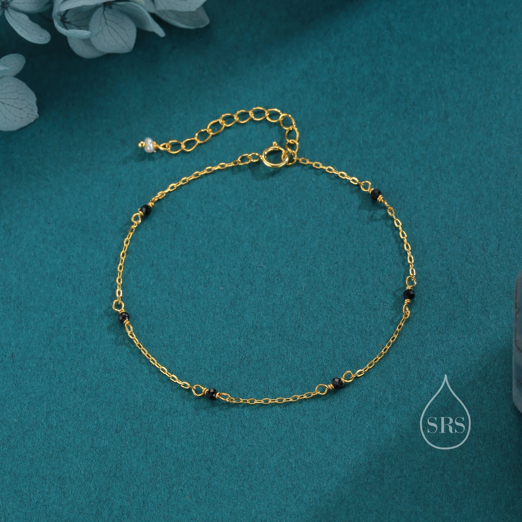 2mm Black Spinel Beaded Satellite Chain Bracelet in Sterling Silver, Silver or Gold, Minimalist Geometric Style - Image 4