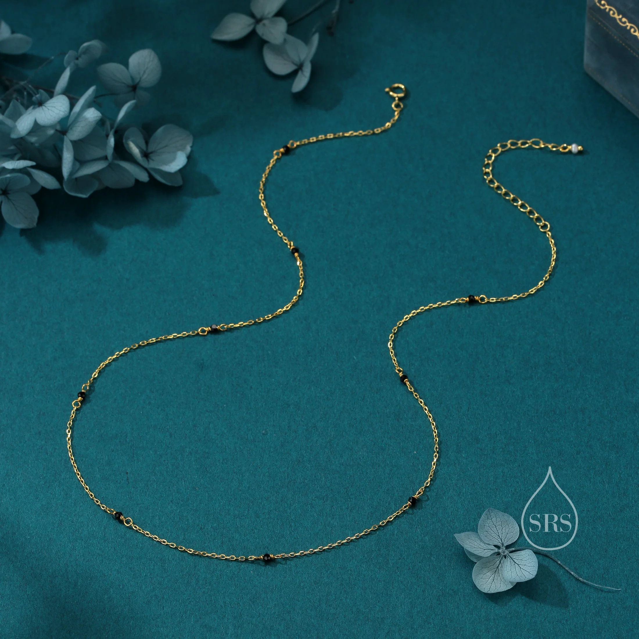 2mm Black Spinel Beaded Satellite Chain Necklace in Sterling Silver, Silver or Gold, Choker Necklace, Minimalist Geometric Style - Image 3