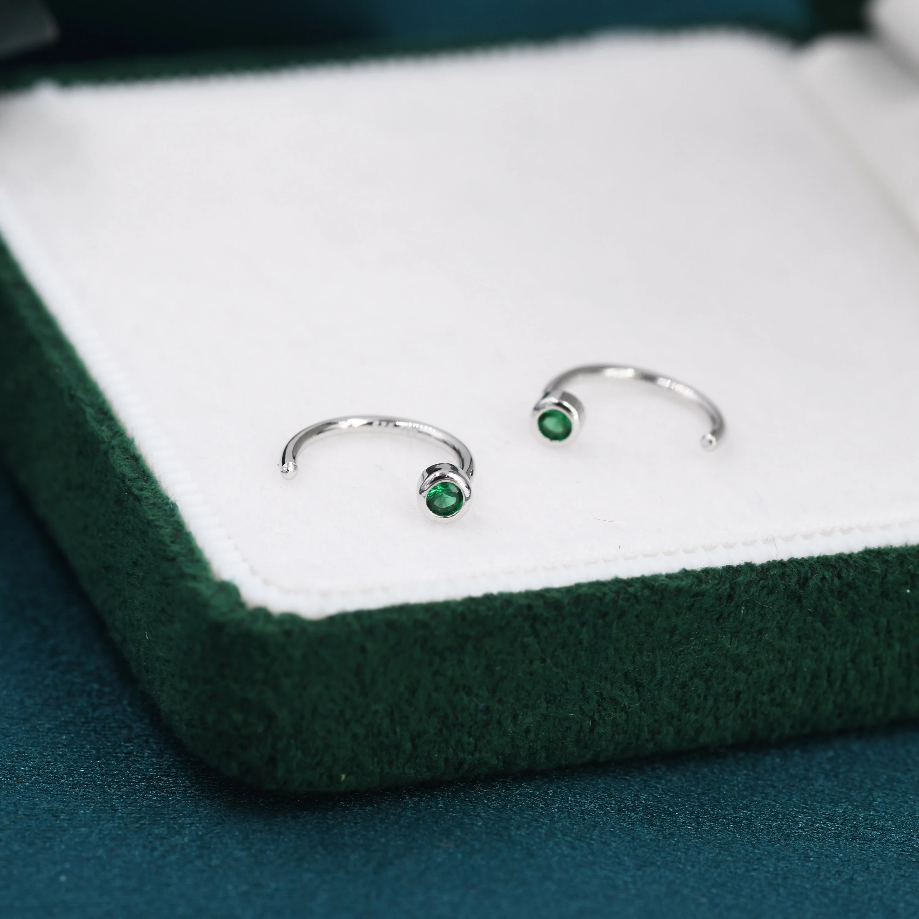 2mm Emerald Green CZ Huggie Hoop Earrings in Sterling Silver, Silver, or Gold, Half Hoop, Open Hoop, Pull Through, Dainty Earrings - Image 6
