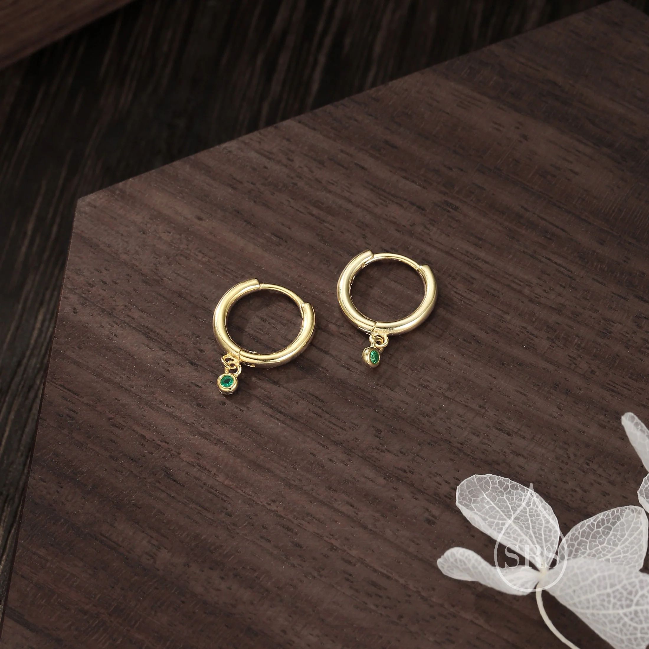 2mm Emerald Green Huggie Hoop Earrings in Sterling Silver, Silver or Gold, Extra Tiny CZ Hoops - Image 2