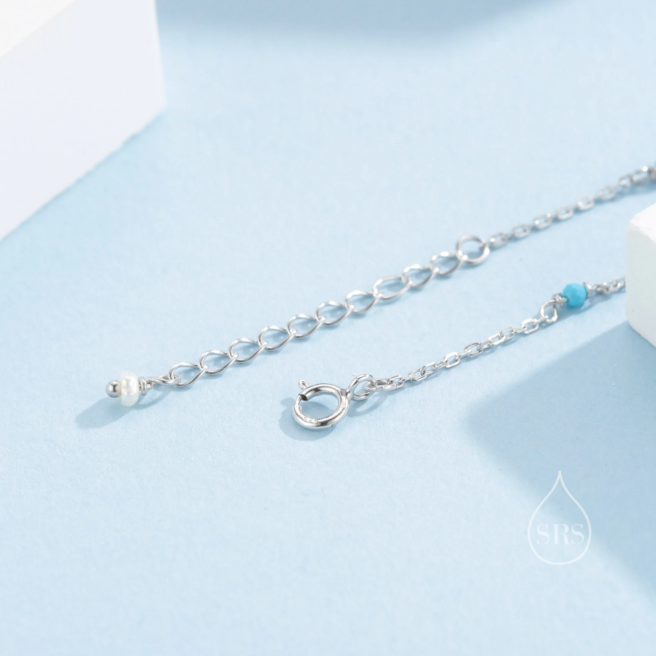 2mm Turquoise Beaded Satellite Chain Bracelet in Sterling Silver, Silver or Gold,  Minimalist Geometric Style - Image 8