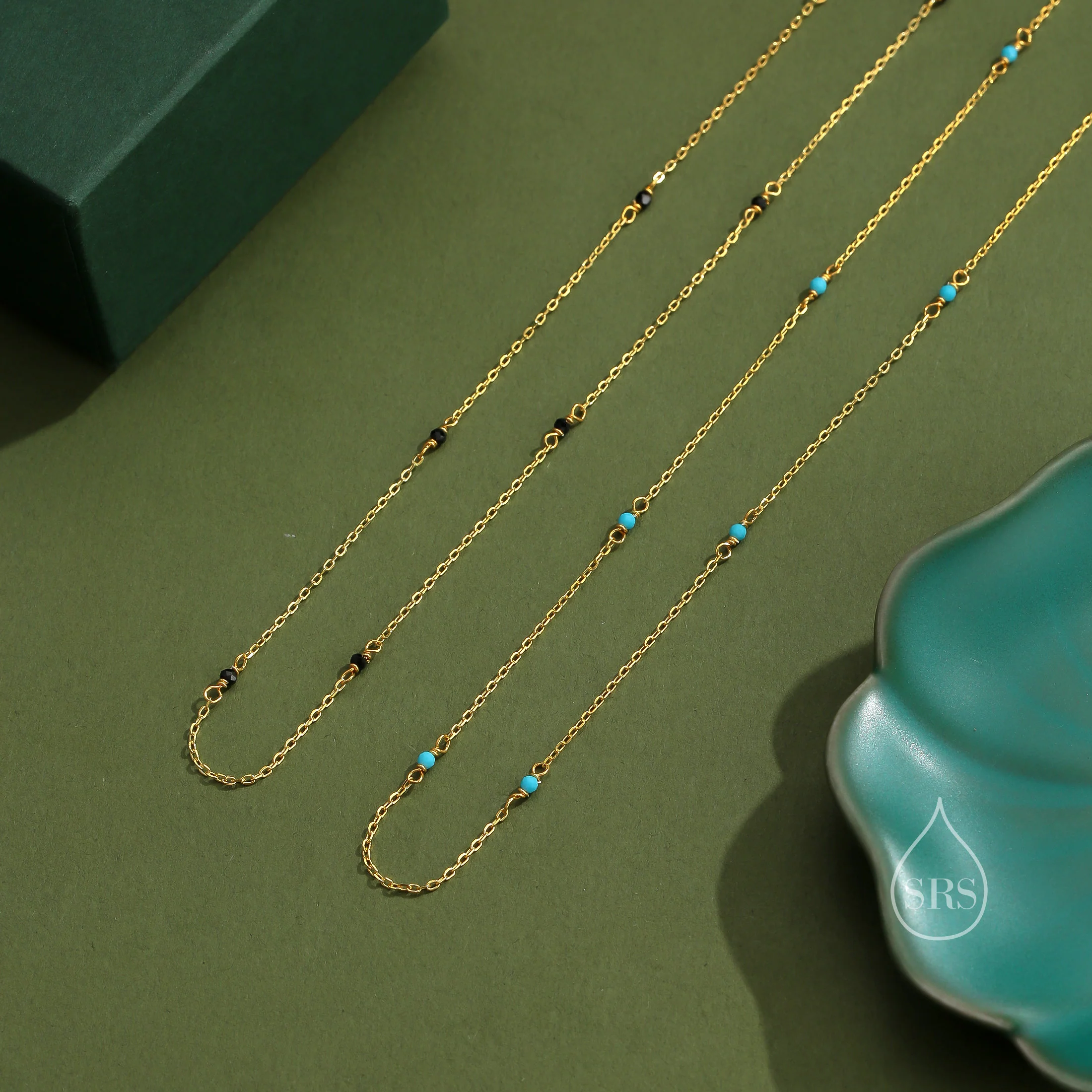 2mm Turquoise Beaded Satellite Chain Necklace in Sterling Silver, Silver or Gold, Choker Necklace, Minimalist Geometric Style - Image 10