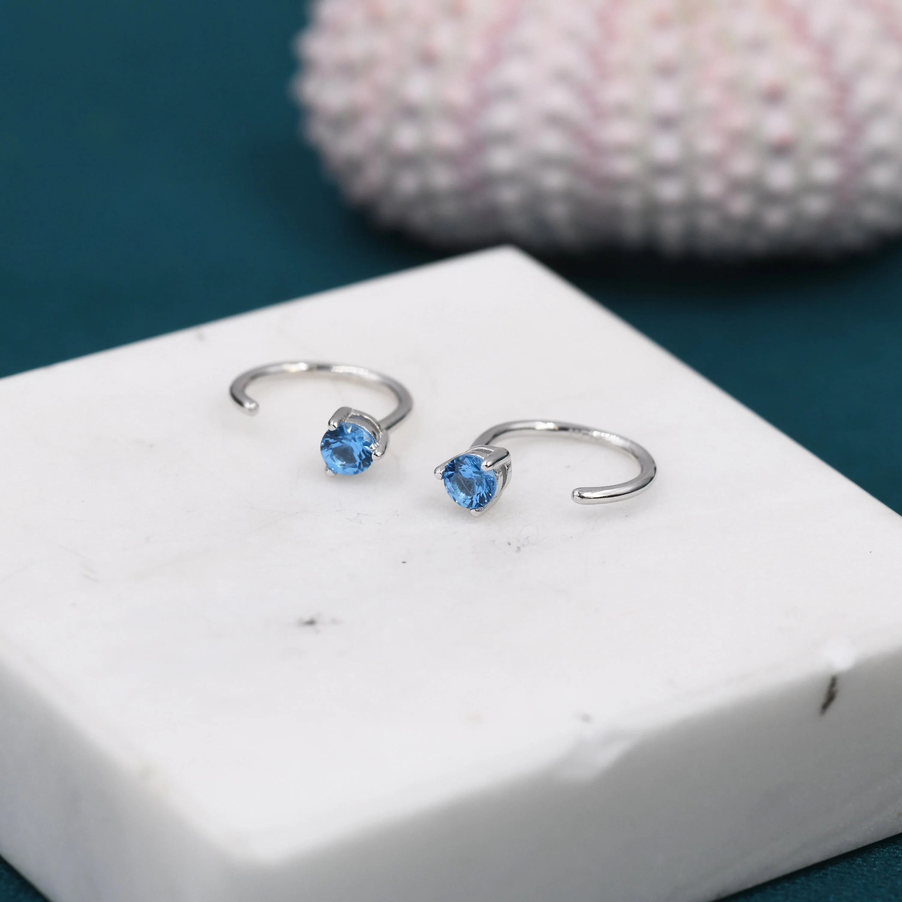 3mm Aquamarine Blue CZ Huggie Hoop Earrings in Sterling Silver, Silver or Gold, Half Hoop, Tiny CZ Open Hoop, Pull Through - Image 3
