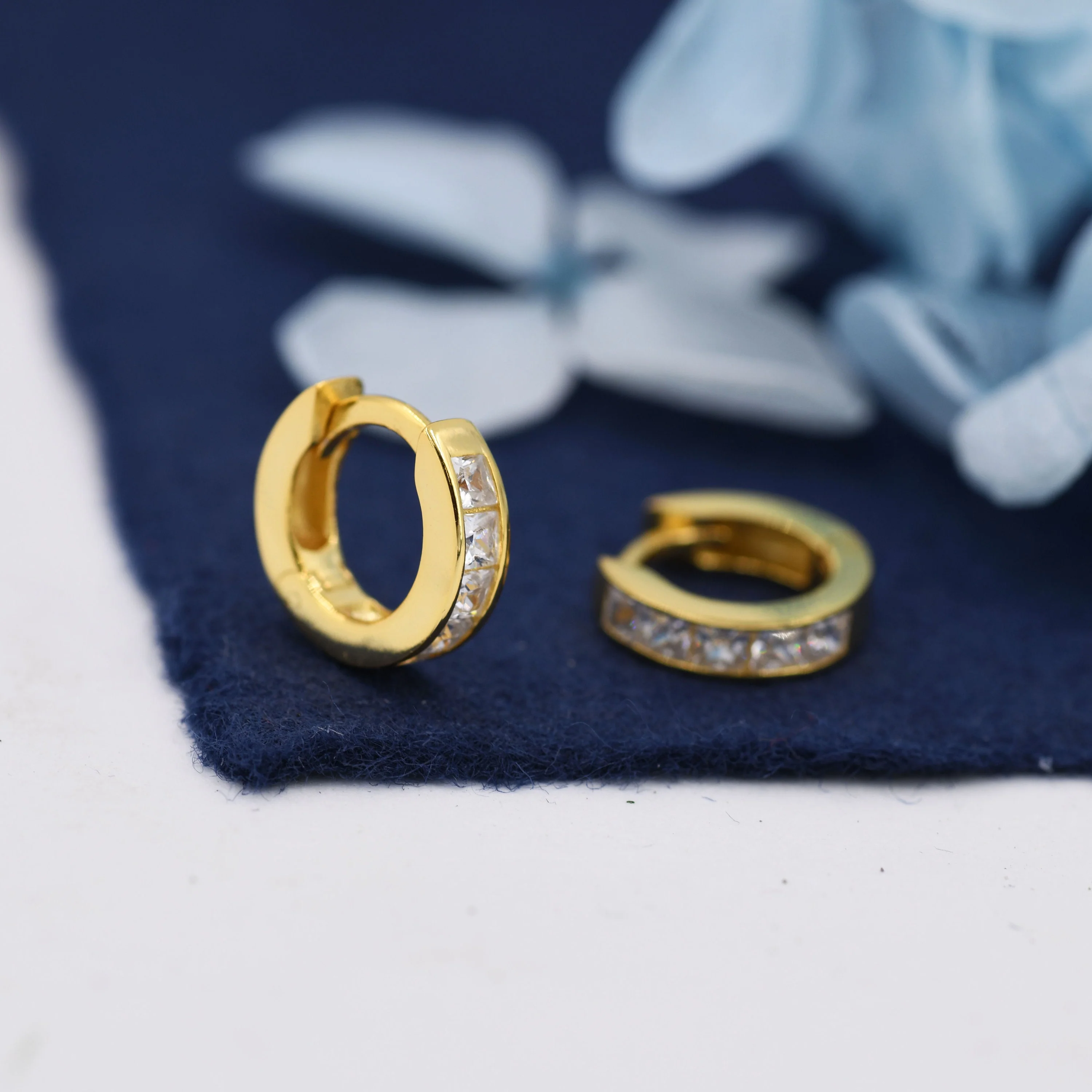 3mm CZ Huggie Hoop in Sterling Silver, Silver or Gold,  7mm Inner Diameter Hoop Earrings, May Birthstone, Princess Cut, Square CZ Hoops - Image 2