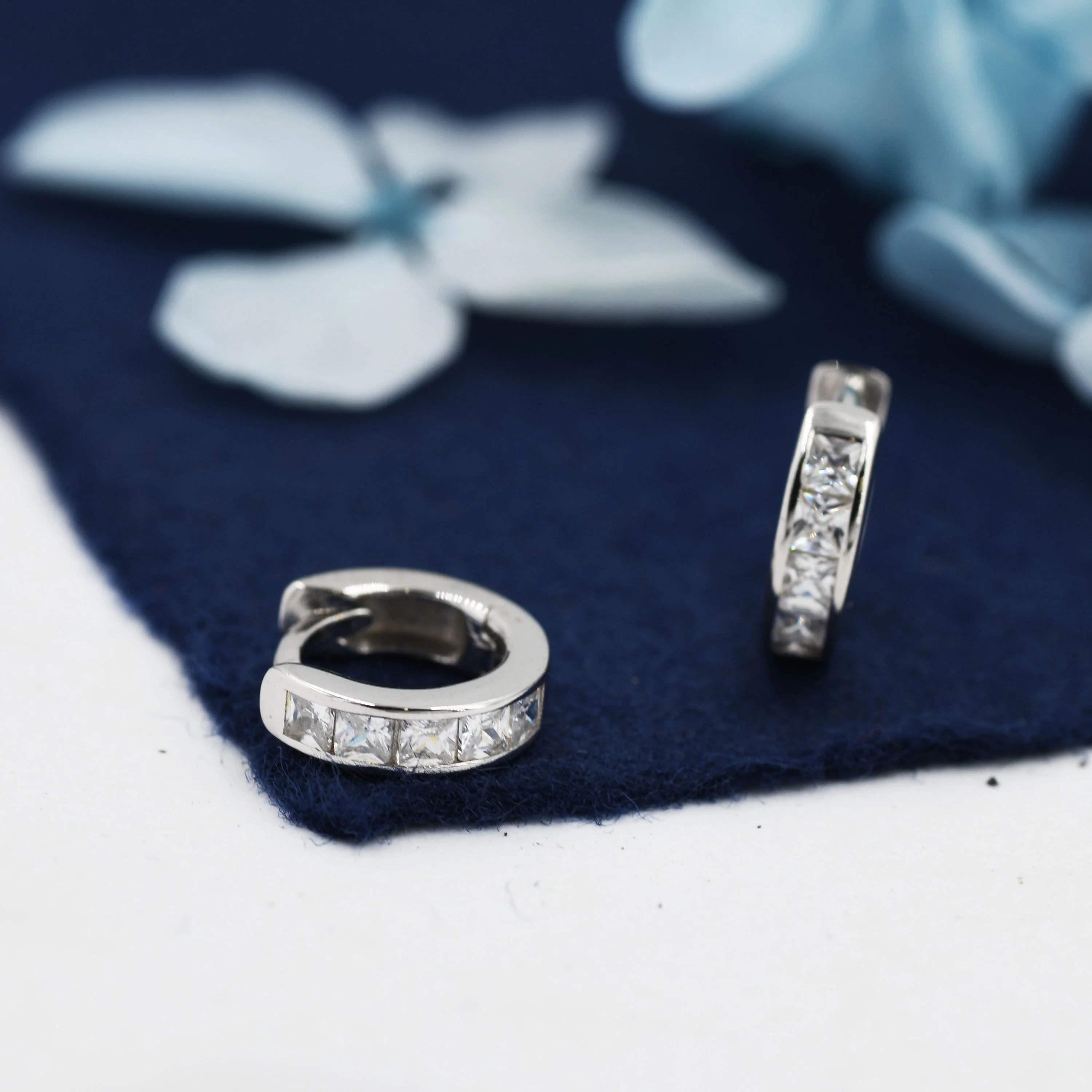 3mm CZ Huggie Hoop in Sterling Silver, Silver or Gold,  7mm Inner Diameter Hoop Earrings, May Birthstone, Princess Cut, Square CZ Hoops - Image 7