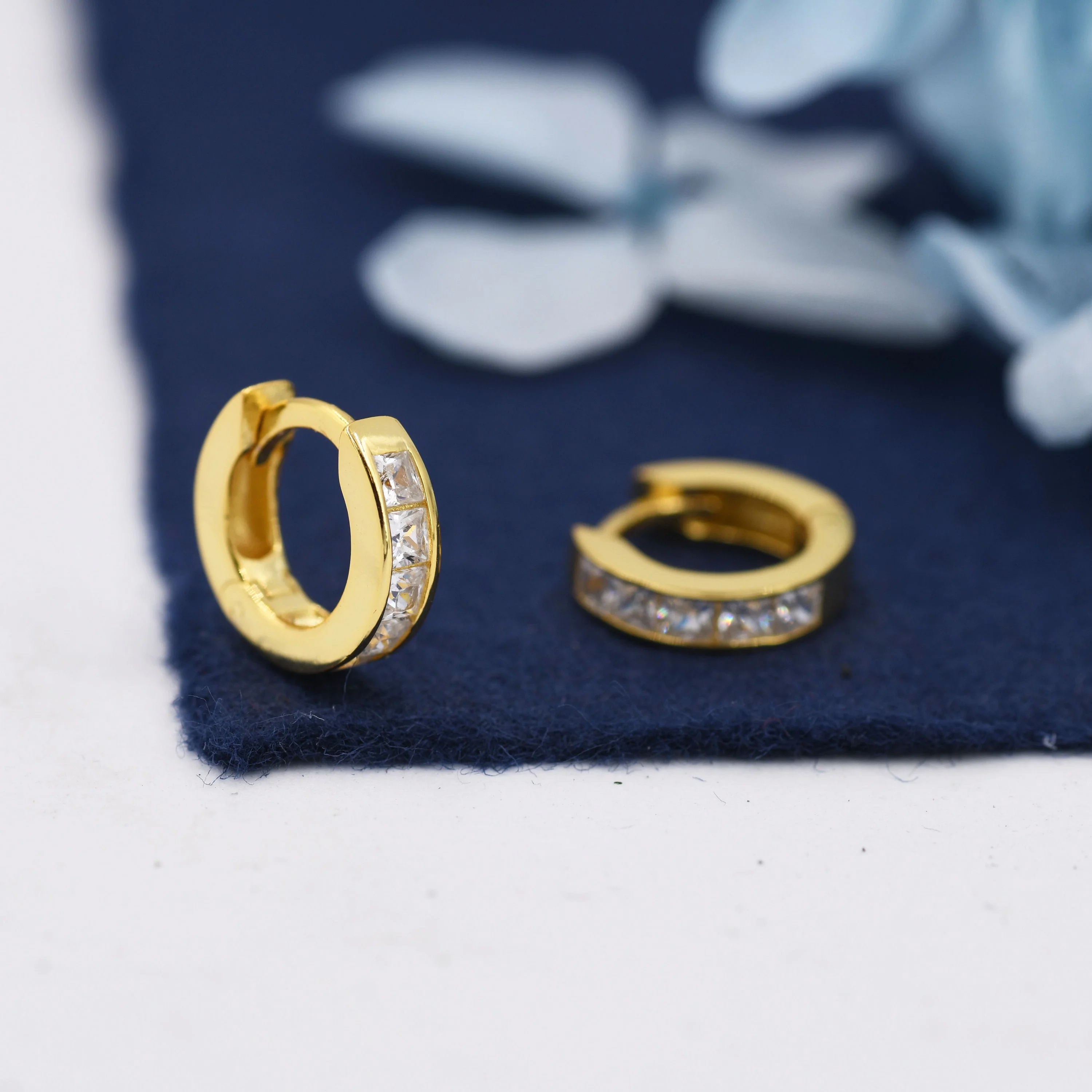 3mm CZ Huggie Hoop in Sterling Silver, Silver or Gold,  7mm Inner Diameter Hoop Earrings, May Birthstone, Princess Cut, Square CZ Hoops - Image 8