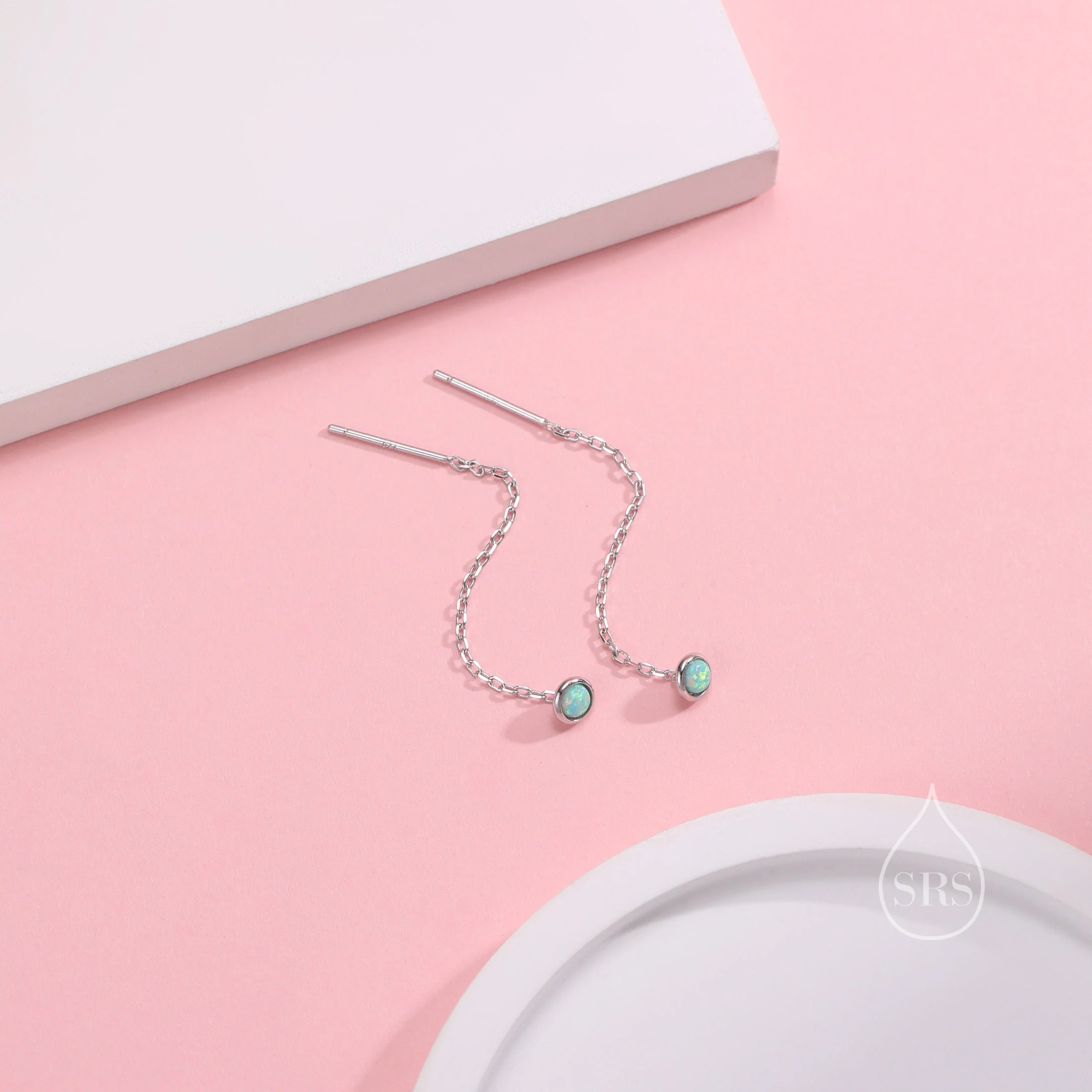 4mm Aqua Green Opal Dot Threader Earrings in Sterling Silver, Lab Opal Ear Threaders, Silver or Gold, Opal Threaders, Chain Earrings - Image 4