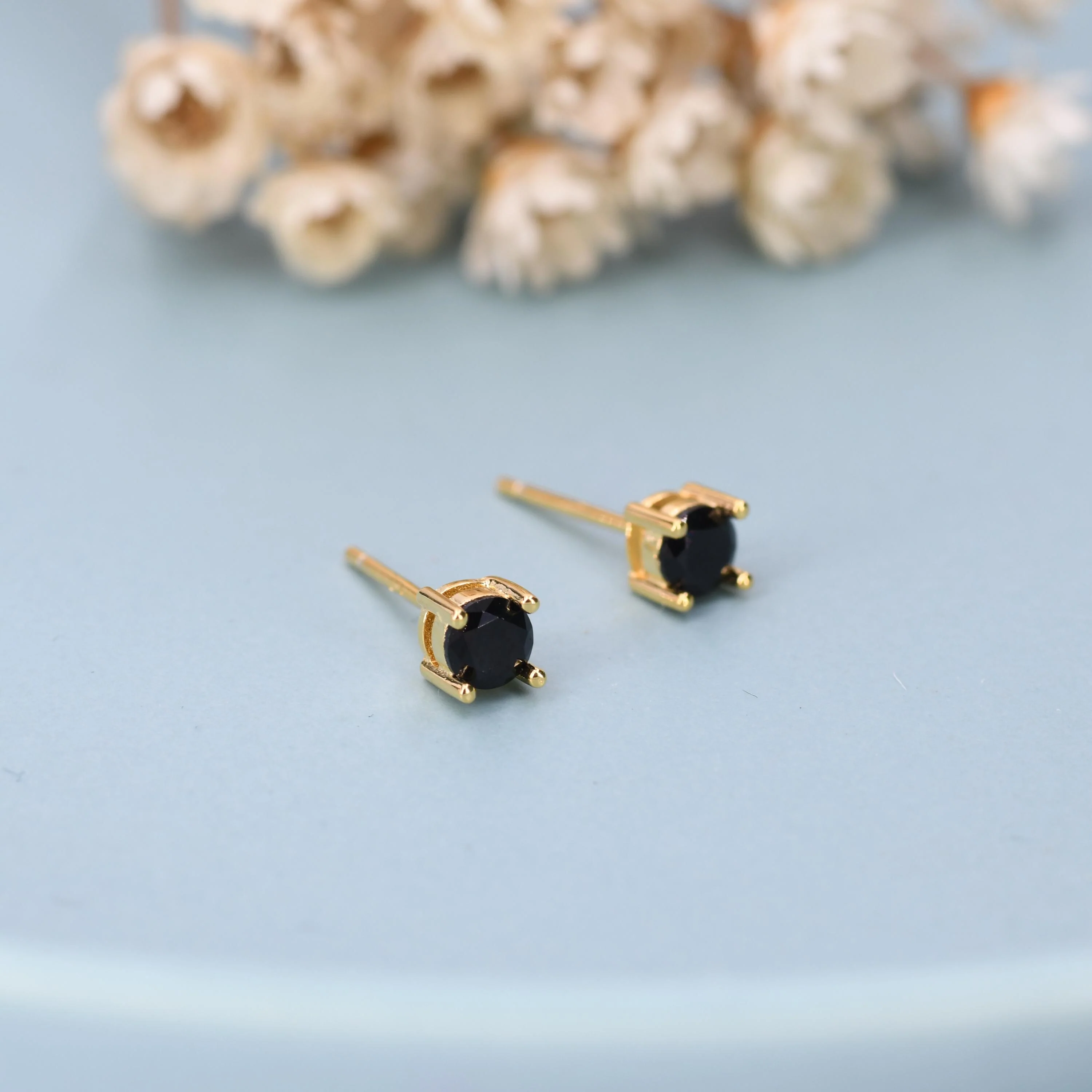 4mm Black CZ Stud Earrings in Sterling Silver, Silver or Gold Finish, Brilliant Cut Black CZ Earrings, Minimal CZ Stud Prong Set - Image 7
