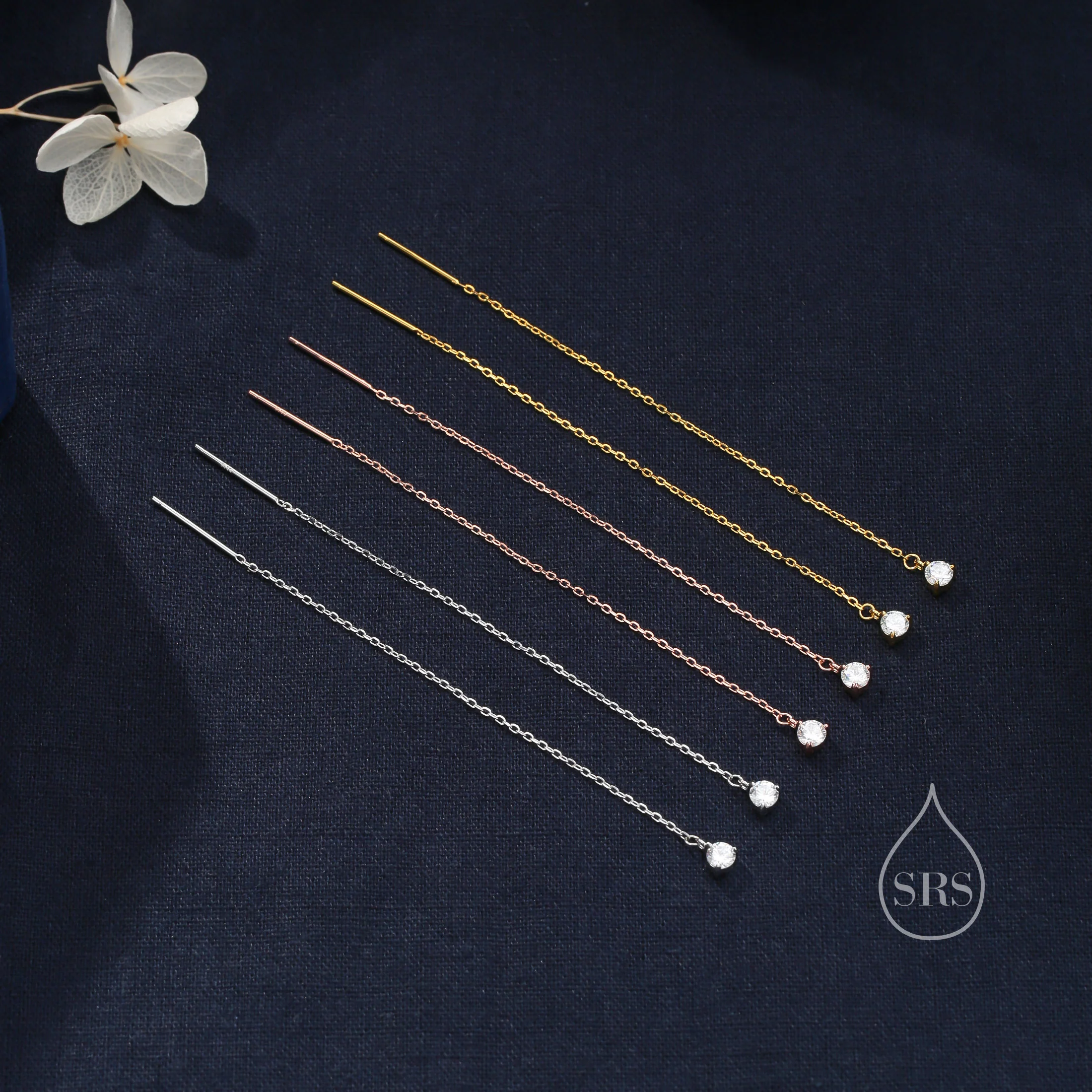 4mm CZ Threader Earrings in Sterling Silver, Silver or Gold or Rose Gold, Tiny Dot Crystal Ear Threaders, Prong Set CZ Earring - Image 3