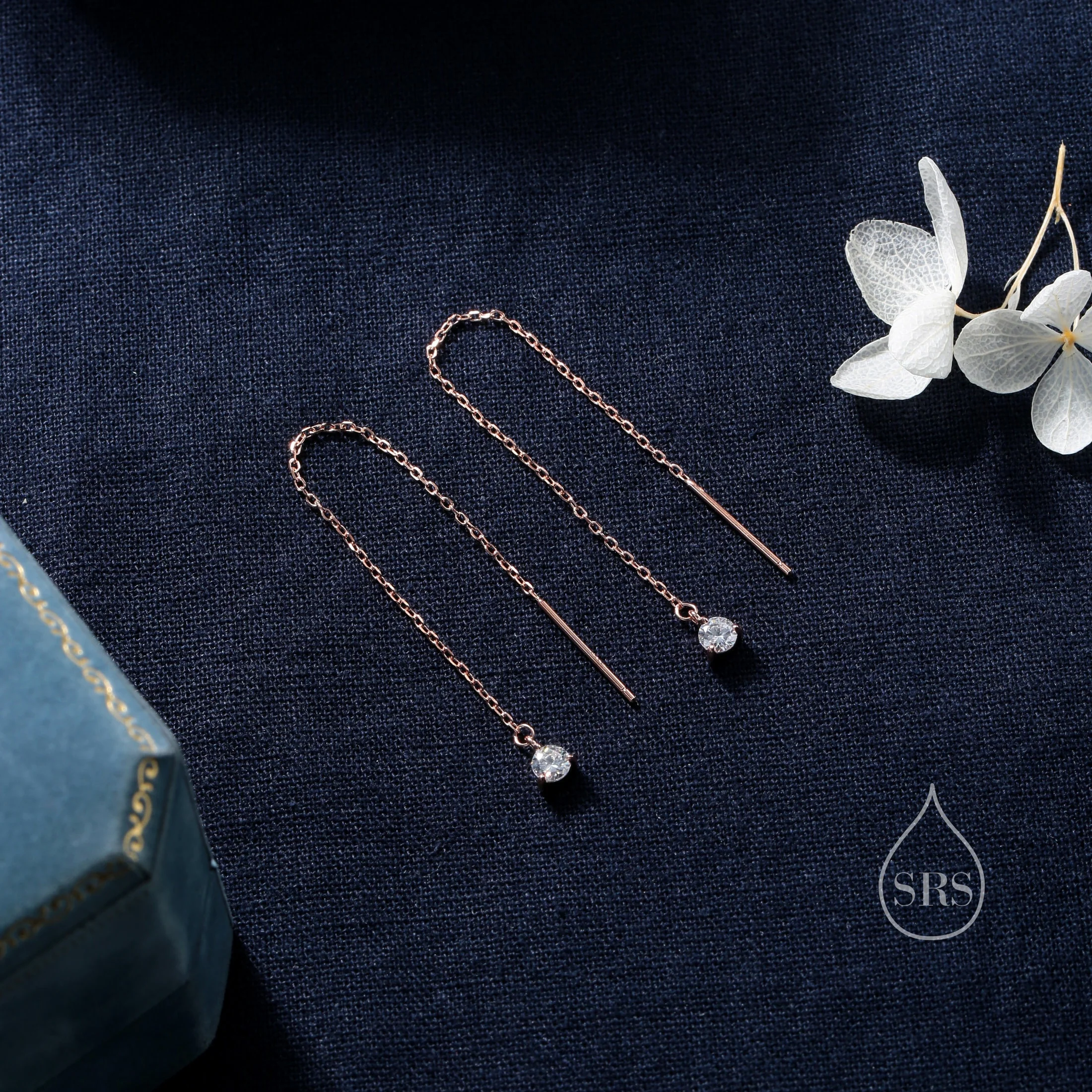 4mm CZ Threader Earrings in Sterling Silver, Silver or Gold or Rose Gold, Tiny Dot Crystal Ear Threaders, Prong Set CZ Earring - Image 4