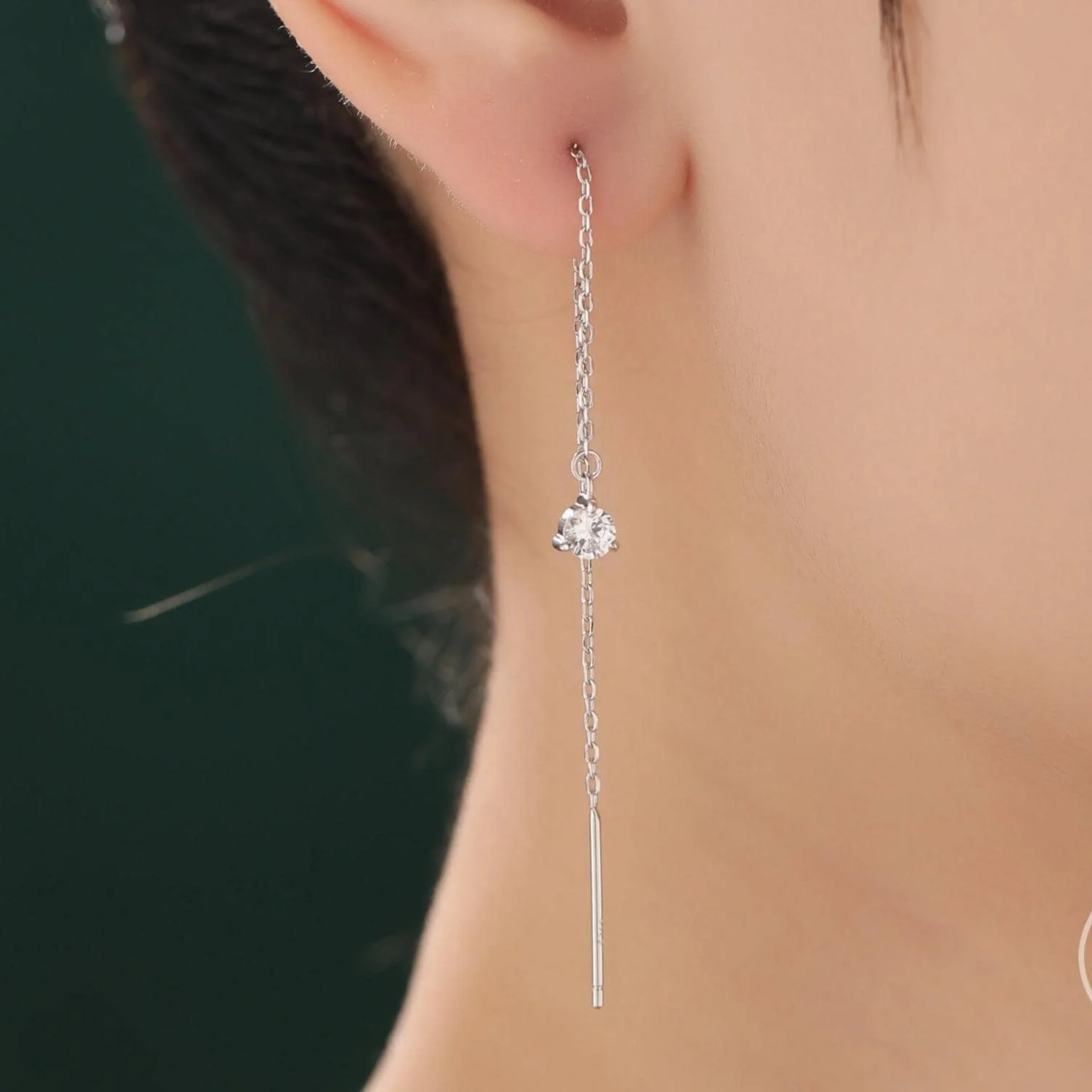 4mm CZ Threader Earrings in Sterling Silver, Silver or Gold or Rose Gold, Tiny Dot Crystal Ear Threaders, Prong Set CZ Earring - Image 5