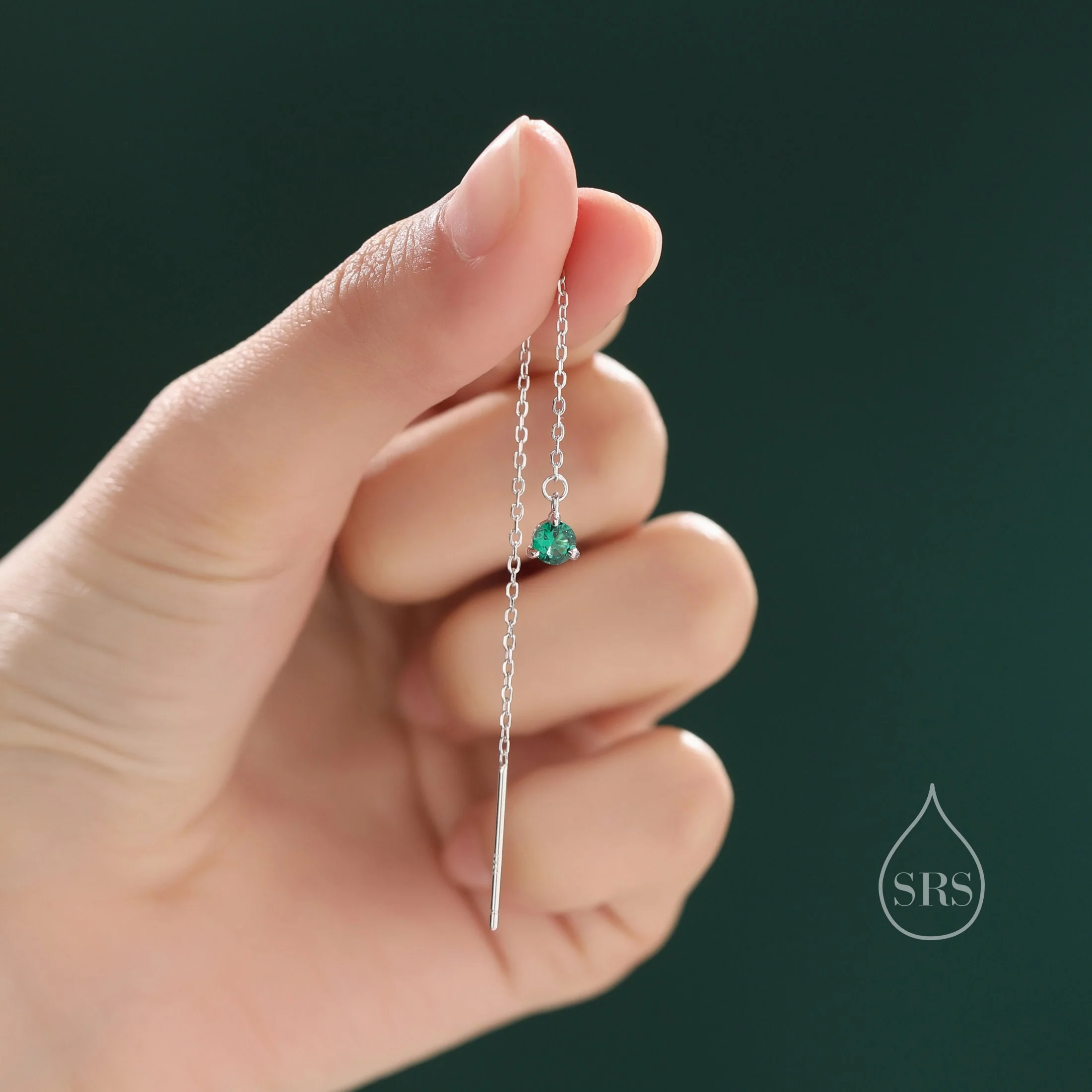 4mm Emerald Green CZ Threader Earrings in Sterling Silver, Silver or Gold or Rose Gold, Tiny Dot Crystal Ear Threaders, Prong Set CZ Earring - Image 2