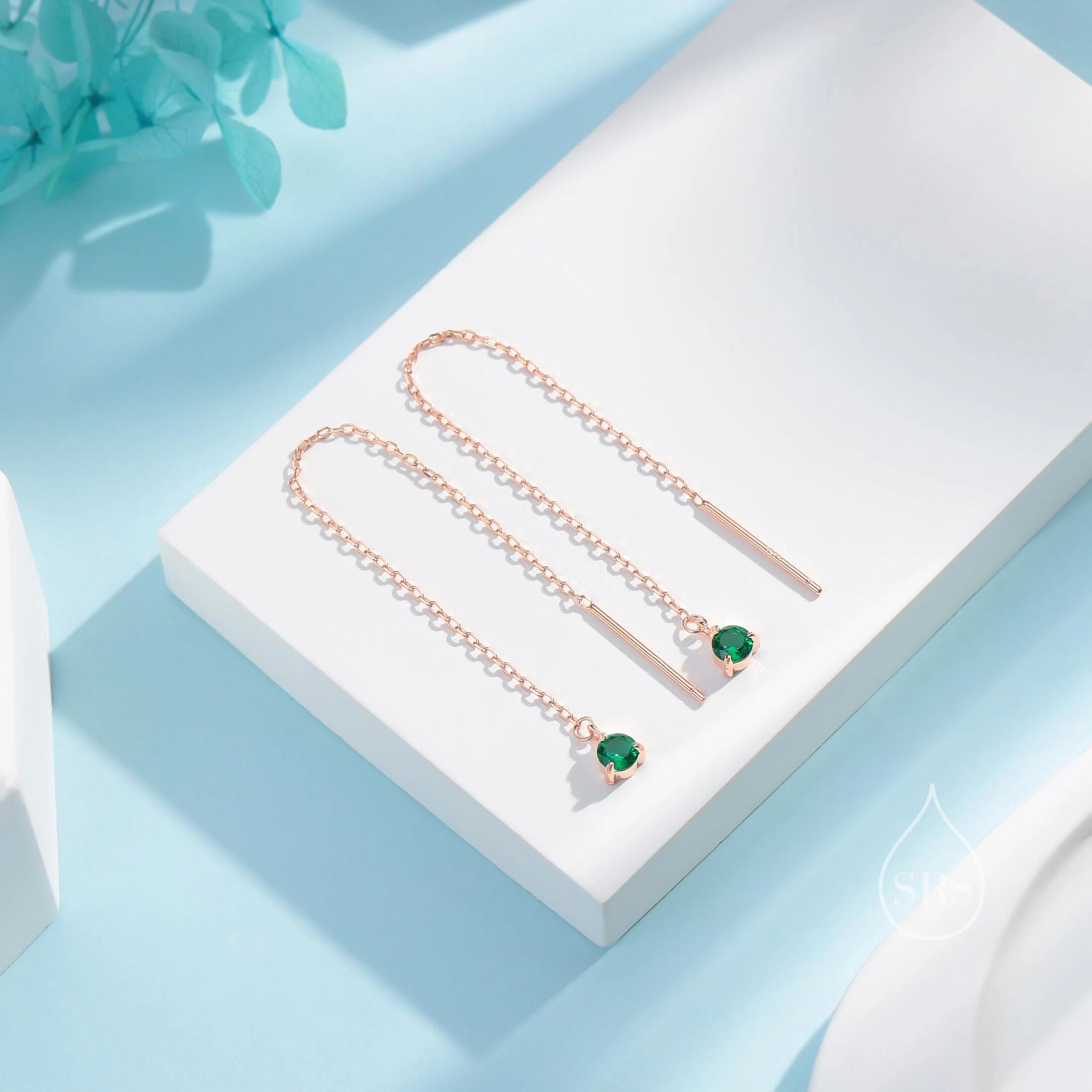4mm Emerald Green CZ Threader Earrings in Sterling Silver, Silver or Gold or Rose Gold, Tiny Dot Crystal Ear Threaders, Prong Set CZ Earring - Image 3