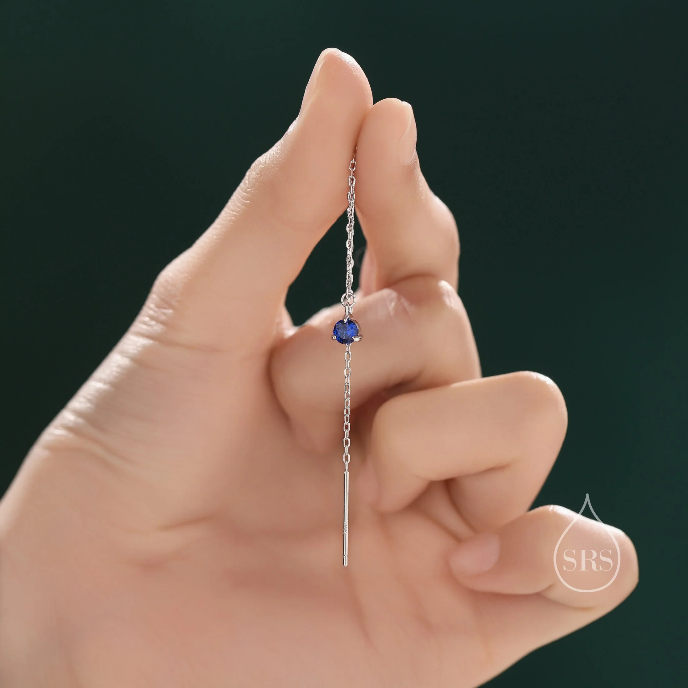4mm Sapphire Blue CZ Threader Earrings in Sterling Silver, Silver or Gold or Rose Gold, Tiny Dot Crystal Ear Threaders, Prong Set CZ Earring - Image 2