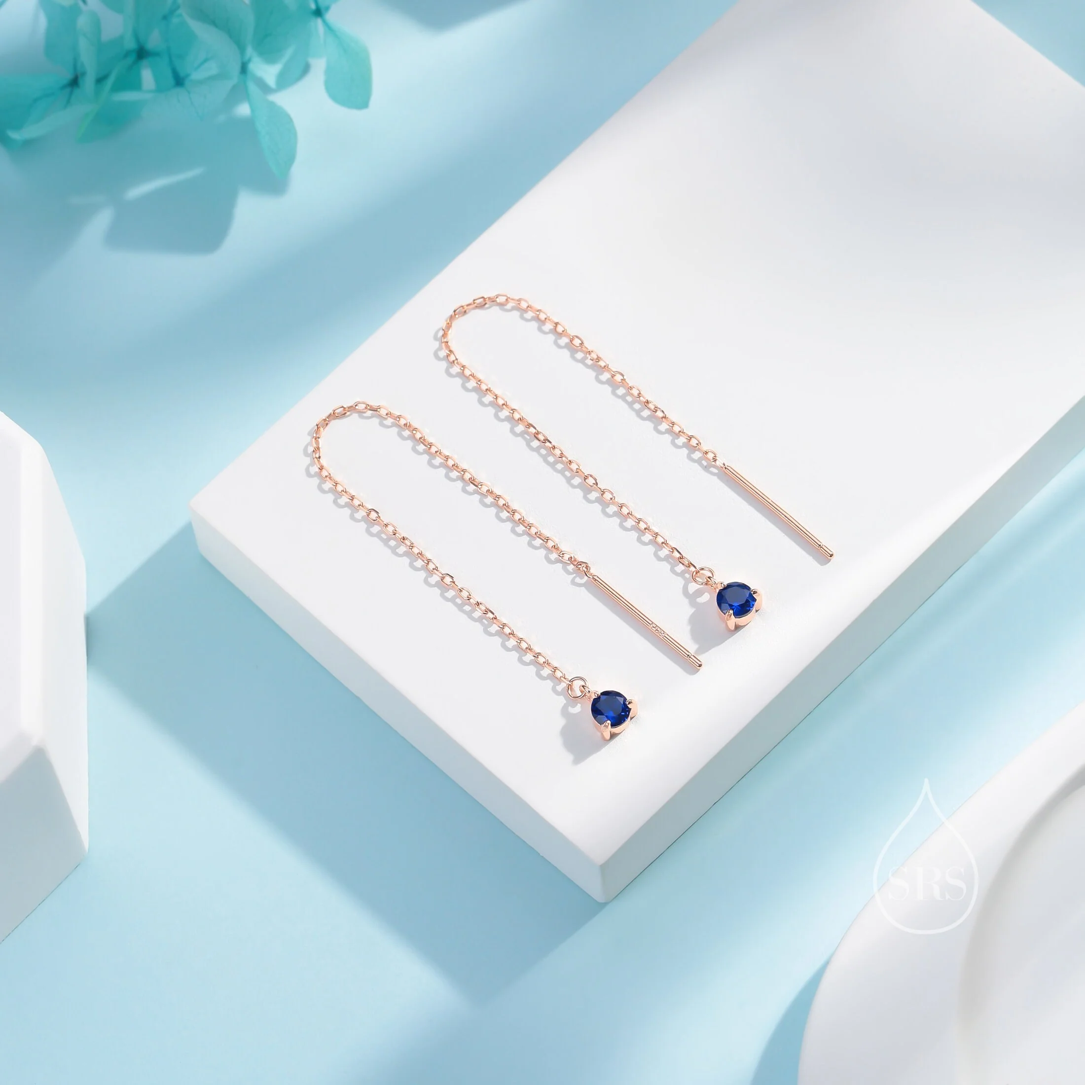 4mm Sapphire Blue CZ Threader Earrings in Sterling Silver, Silver or Gold or Rose Gold, Tiny Dot Crystal Ear Threaders, Prong Set CZ Earring - Image 3