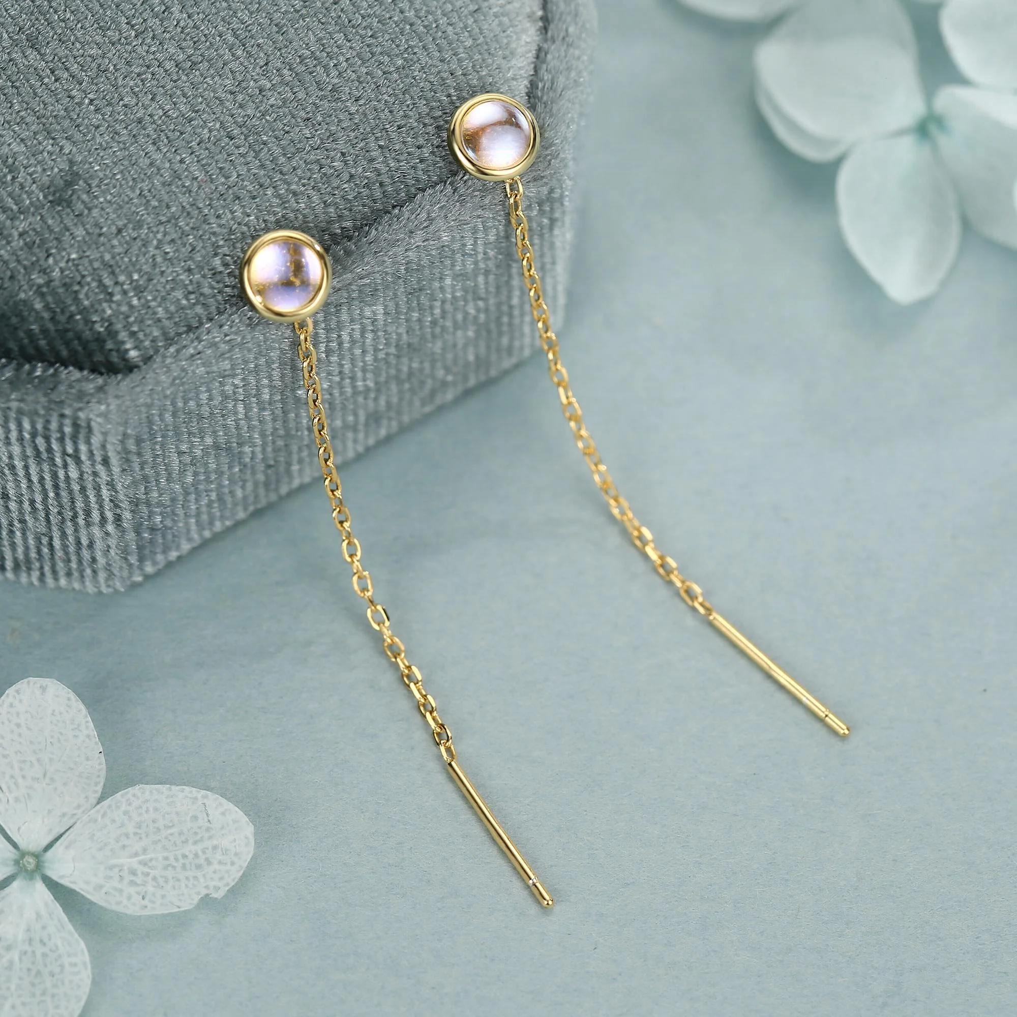 4mm Simulated Moonstone Dot Threader Earrings in Sterling Silver, Lab Moonstone Pull Through Ear Threaders, Silver or Gold, Chain Earrings - Image 7