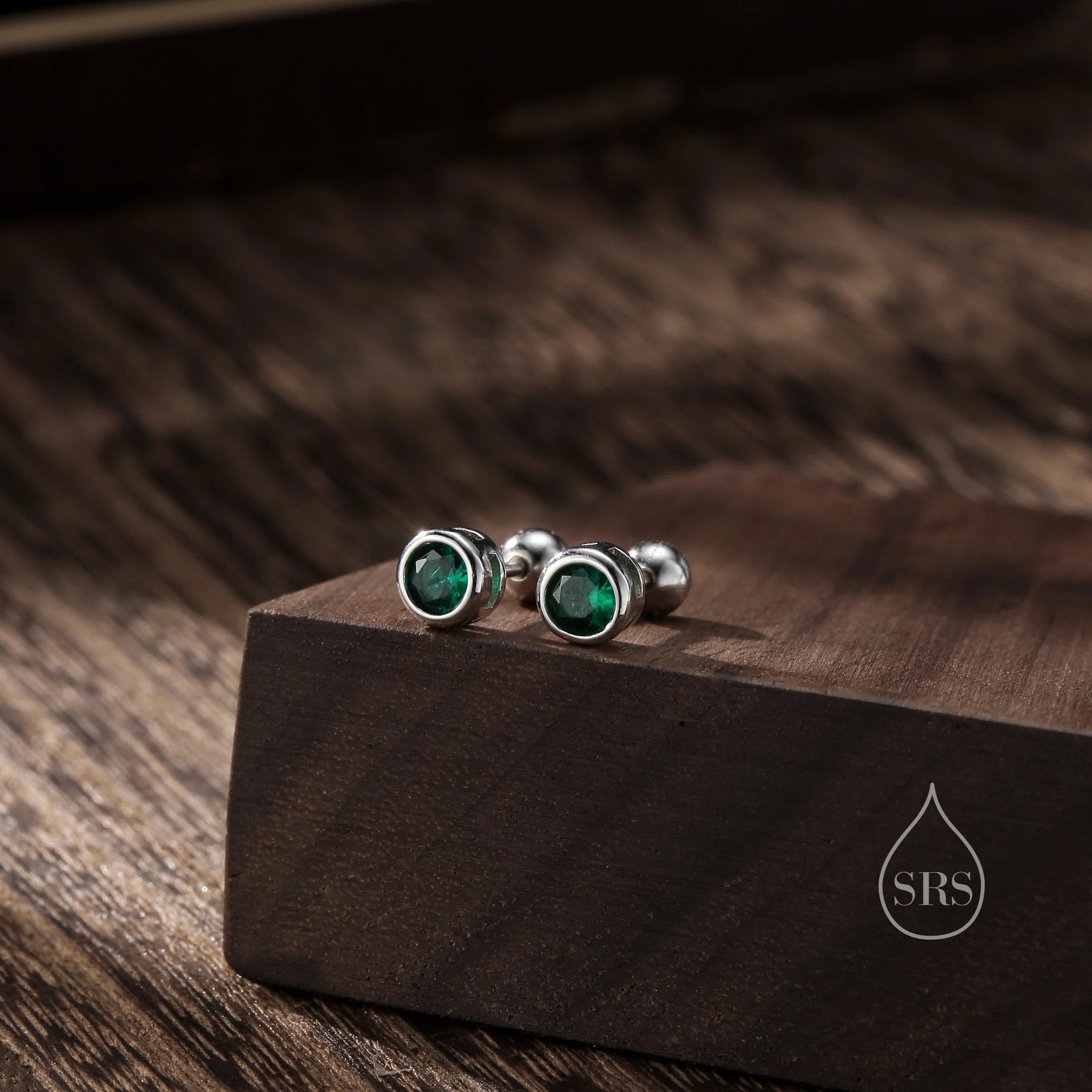 5mm Emerald Green Bezel CZ Crystal Stud Earrings in Sterling Silver, Silver or Gold, Available in butterfly backs or screw backs - Image 3
