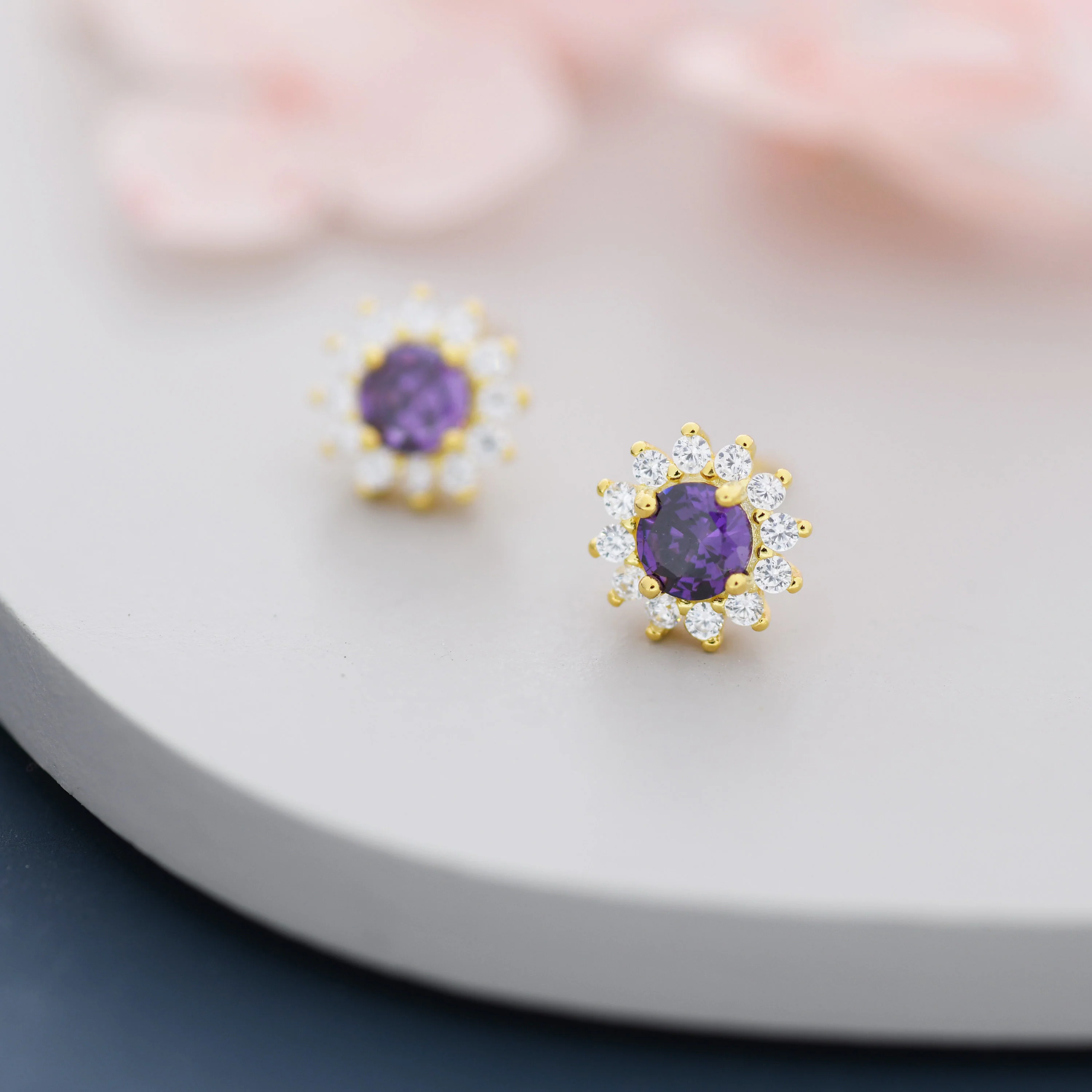 Amethyst Flower Stud Earrings in Sterling Silver, Gold over Silver, Simulated Amethyst Purple CZ Earrings, Purple CZ Flower Earrings, Halo - Image 2