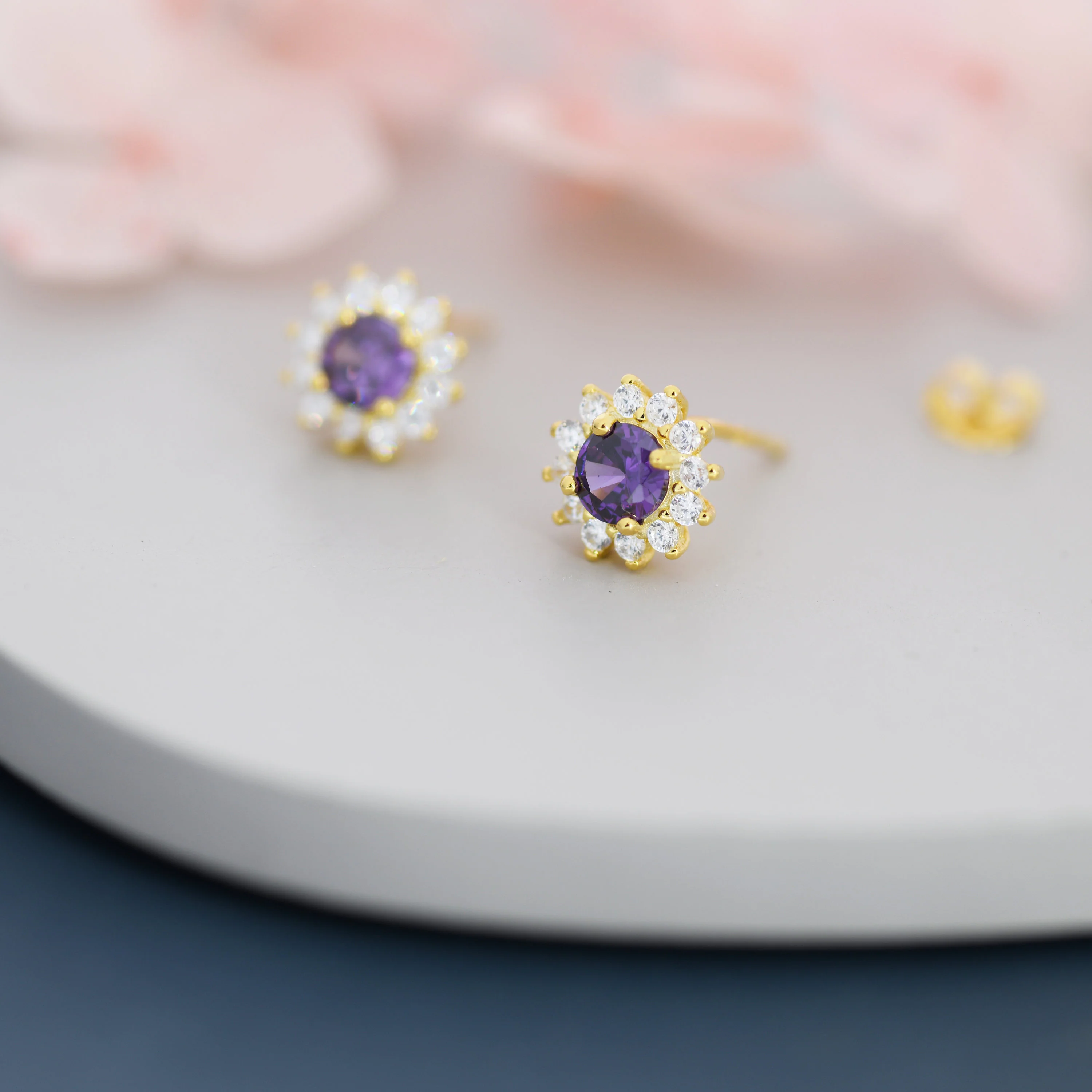 Amethyst Flower Stud Earrings in Sterling Silver, Gold over Silver, Simulated Amethyst Purple CZ Earrings, Purple CZ Flower Earrings, Halo - Image 3