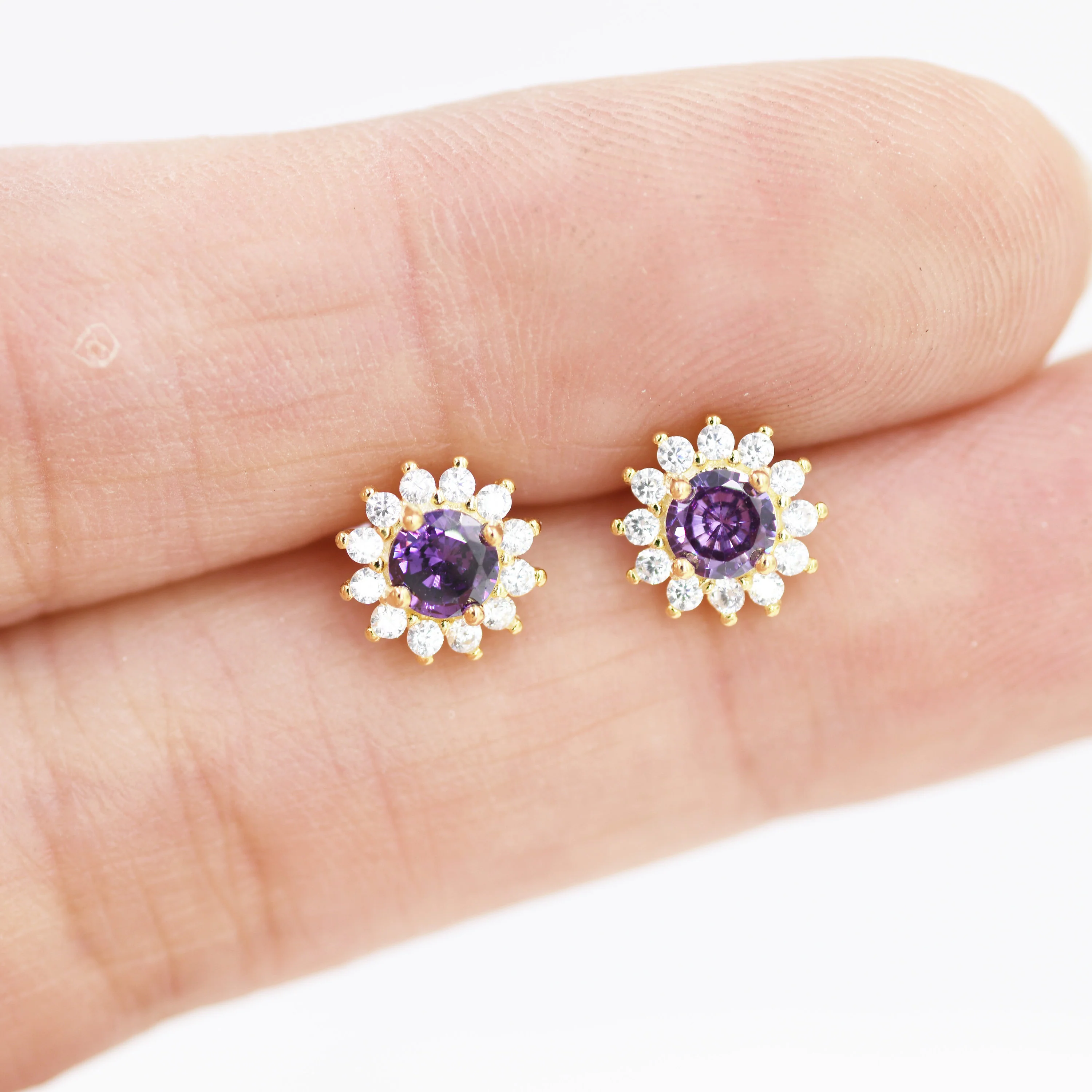 Amethyst Flower Stud Earrings in Sterling Silver, Gold over Silver, Simulated Amethyst Purple CZ Earrings, Purple CZ Flower Earrings, Halo - Image 4