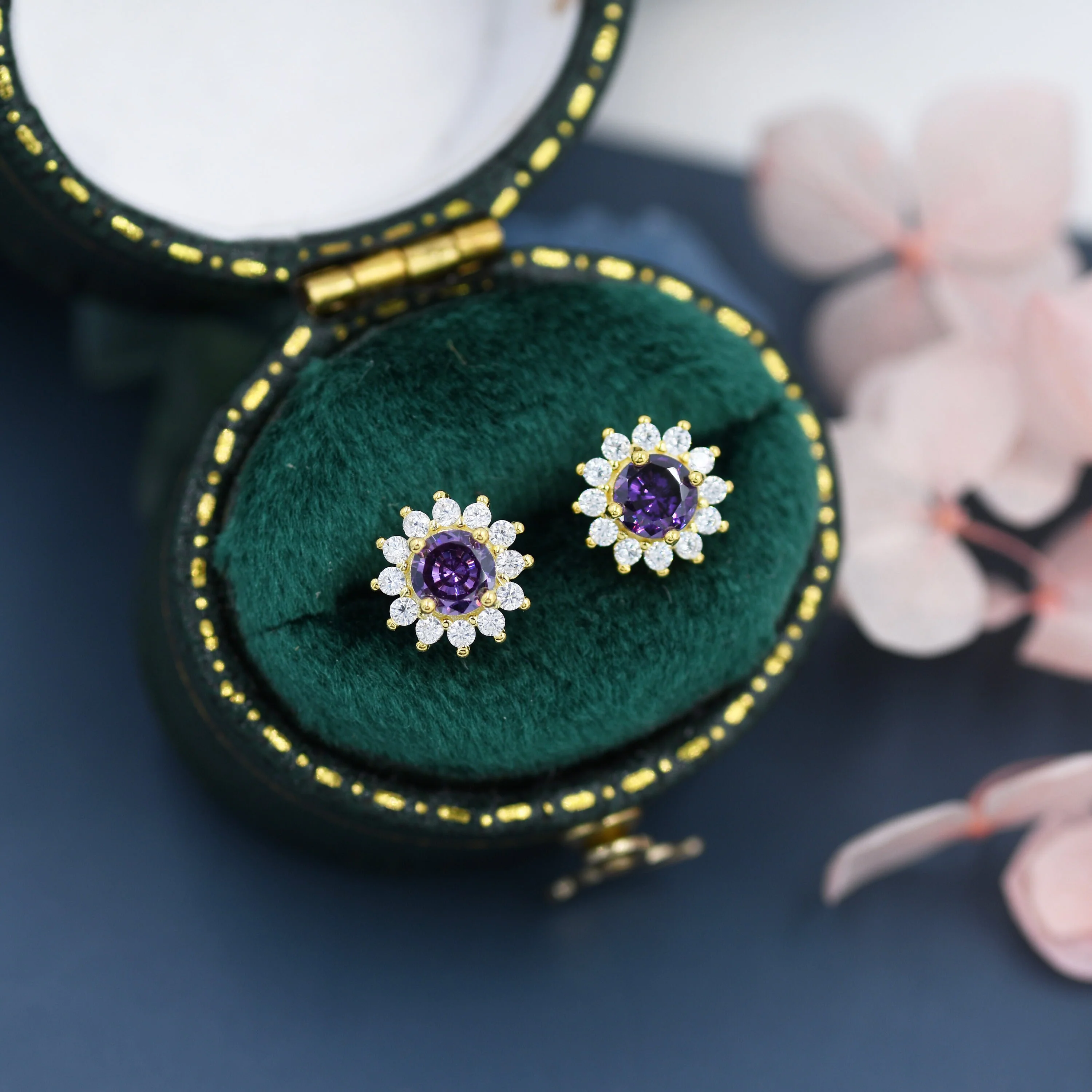 Amethyst Flower Stud Earrings in Sterling Silver, Gold over Silver, Simulated Amethyst Purple CZ Earrings, Purple CZ Flower Earrings, Halo - Image 5