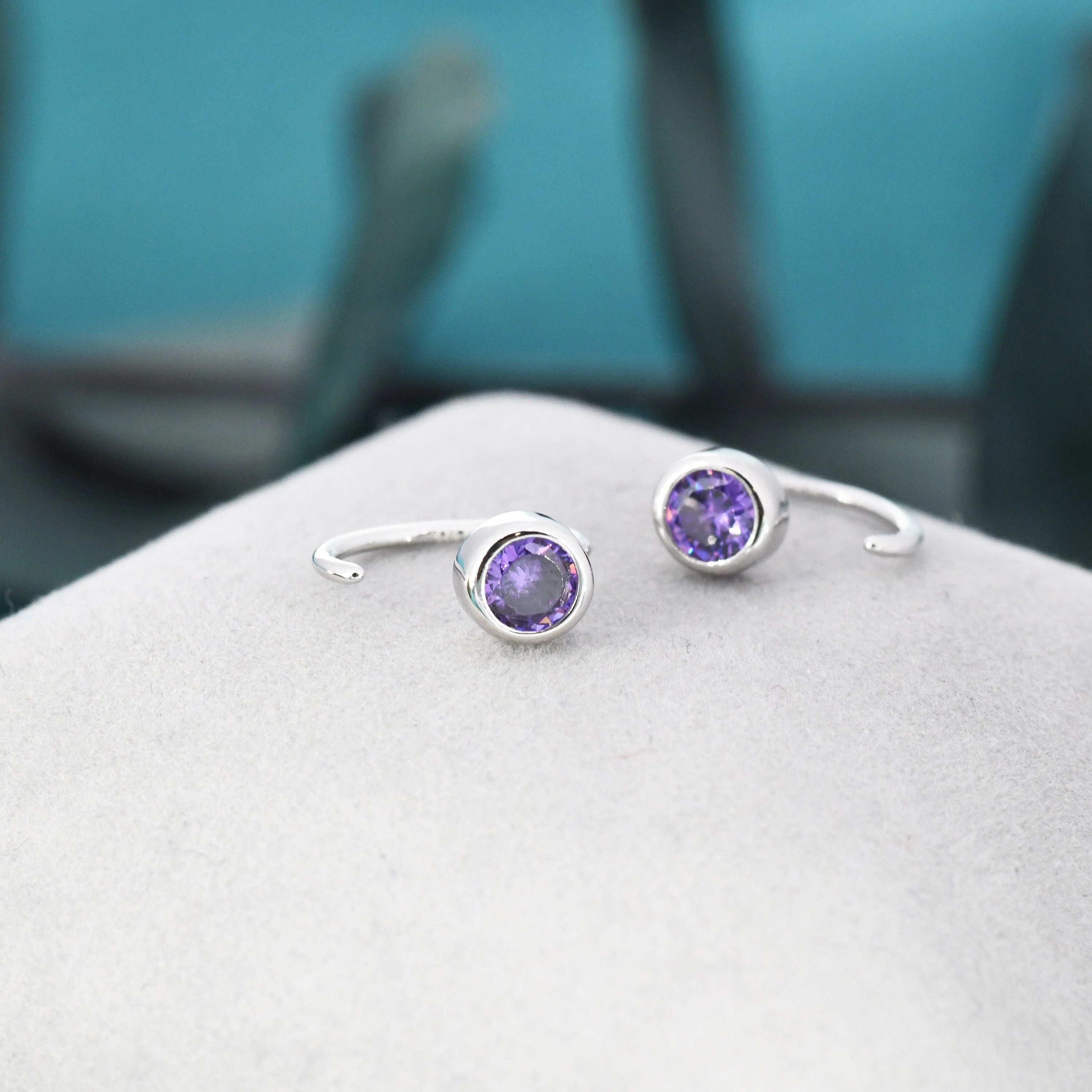 Amethyst Purple 4mm CZ Huggie Hoop Earrings in Sterling Silver, Tiny CZ Open Hoops, Pull Through Threaders, Half Hoops, C Shape - Image 2