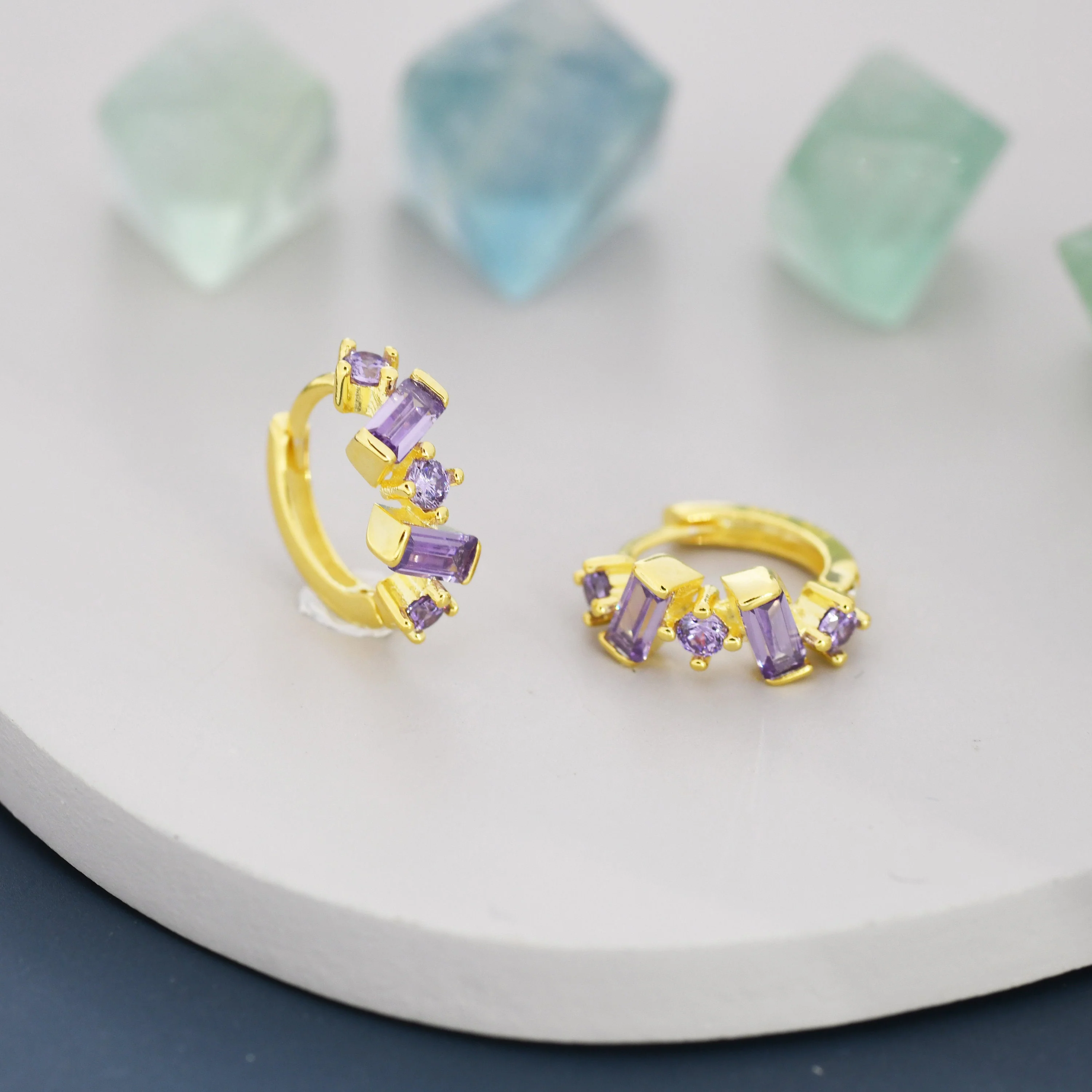 Amethyst Purple Baguette CZ Cluster Huggie Hoop in Sterling Silver, Silver or Gold, Geometric Hoop Earrings, Irregular Shaped - Image 5
