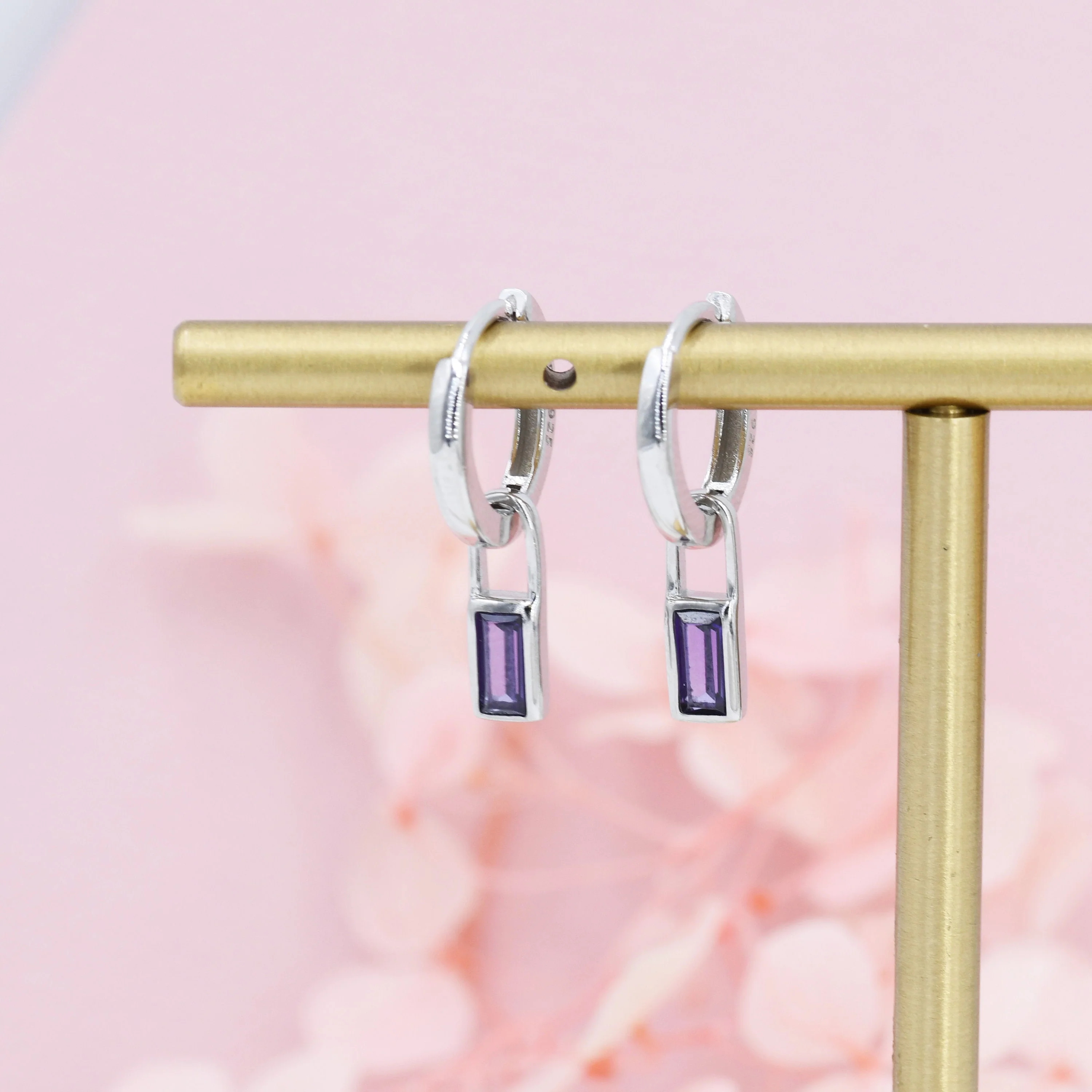Amethyst Purple Baguette CZ Huggie Hoop in Sterling Silver, Silver or Gold, CZ Minimalist Hoop Earrings, Detachable and Interchangeable - Image 2