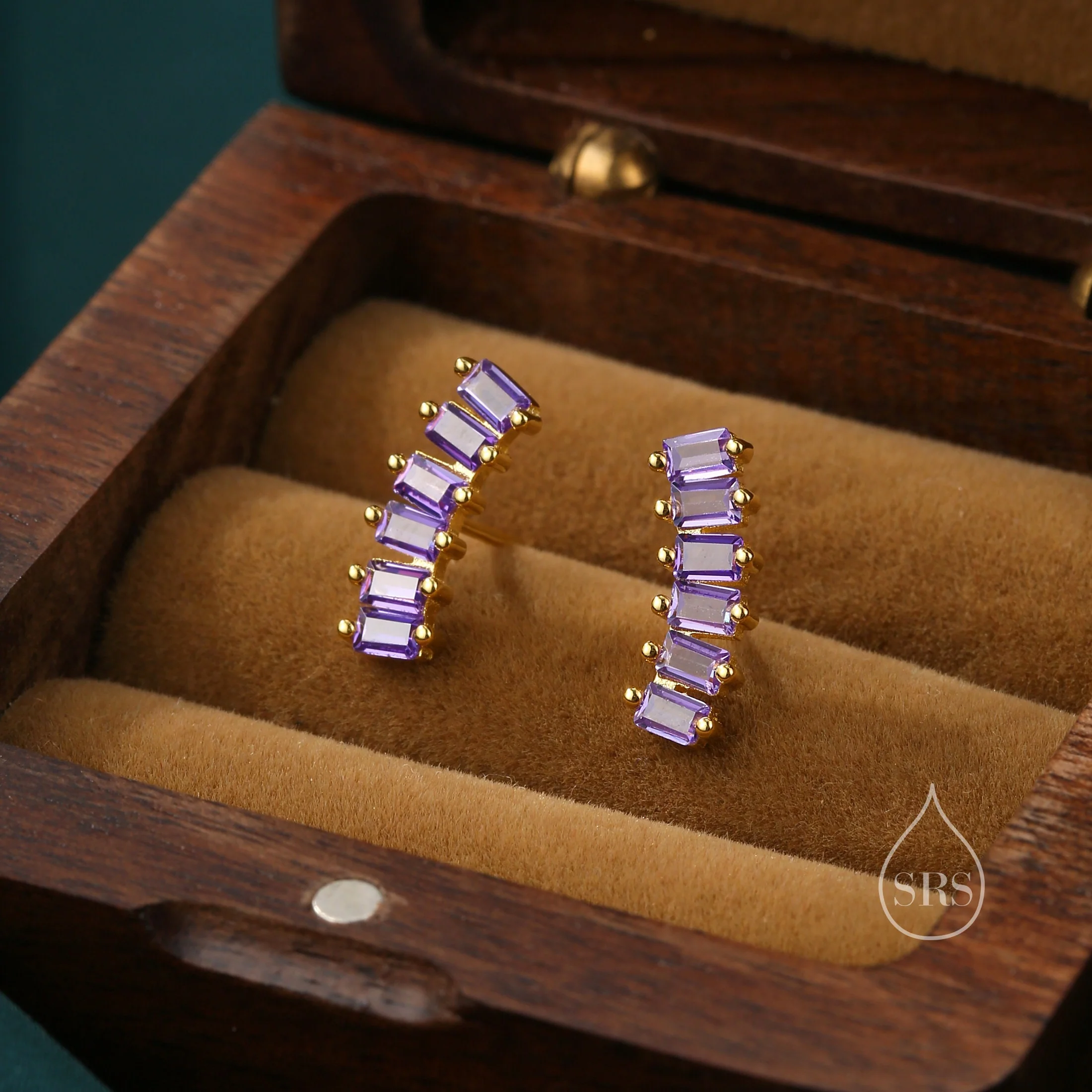 Amethyst Purple Baguette CZ Stud Earrings in Sterling Silver, Silver or Gold, Purple Earrings, Chunky Amethyst Bar Earrings - Image 2