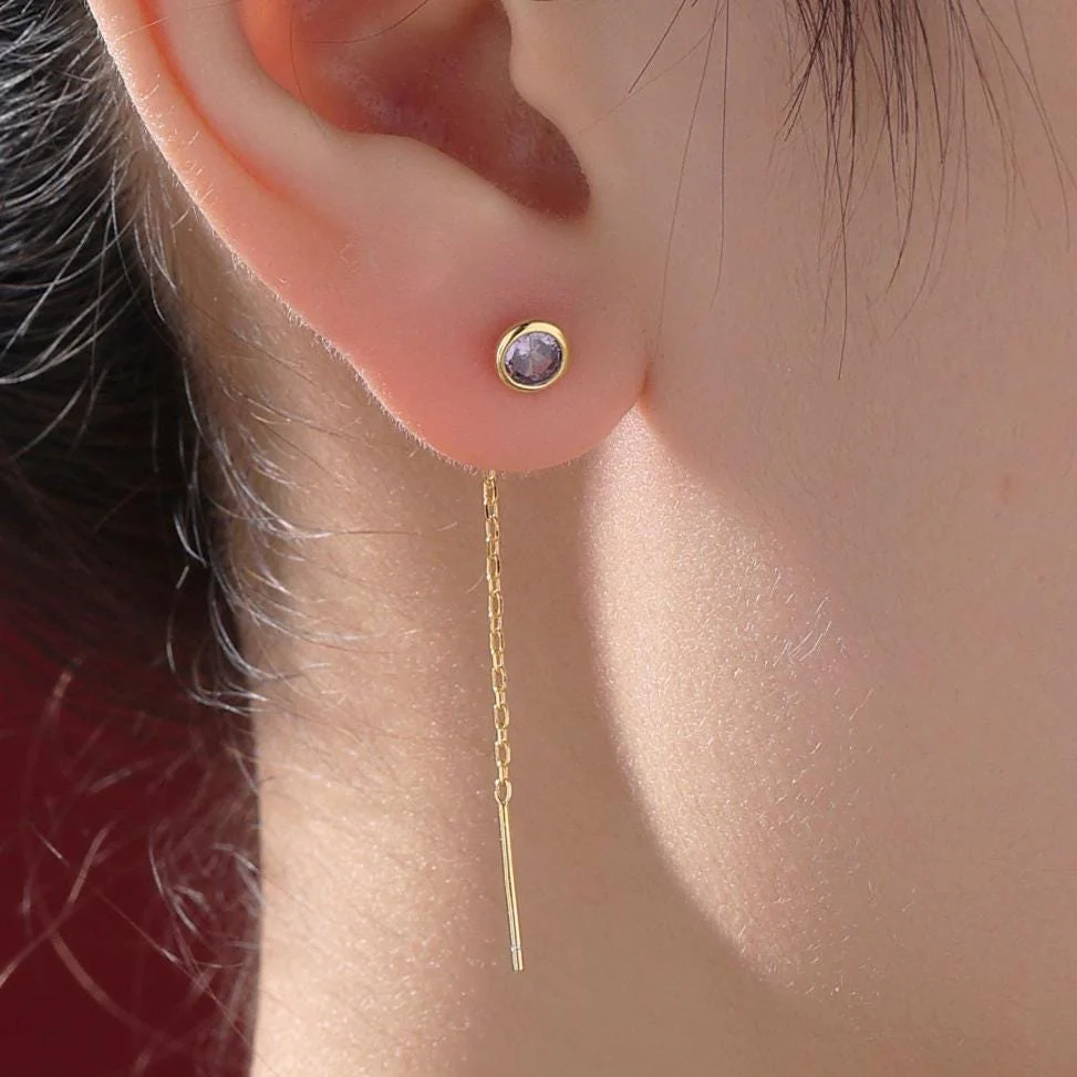 Amethyst Purple Bezel CZ Crystal Threader Earrings in Sterling Silver, Silver or Gold, Minimalist Crystal Ear Threaders - Image 3