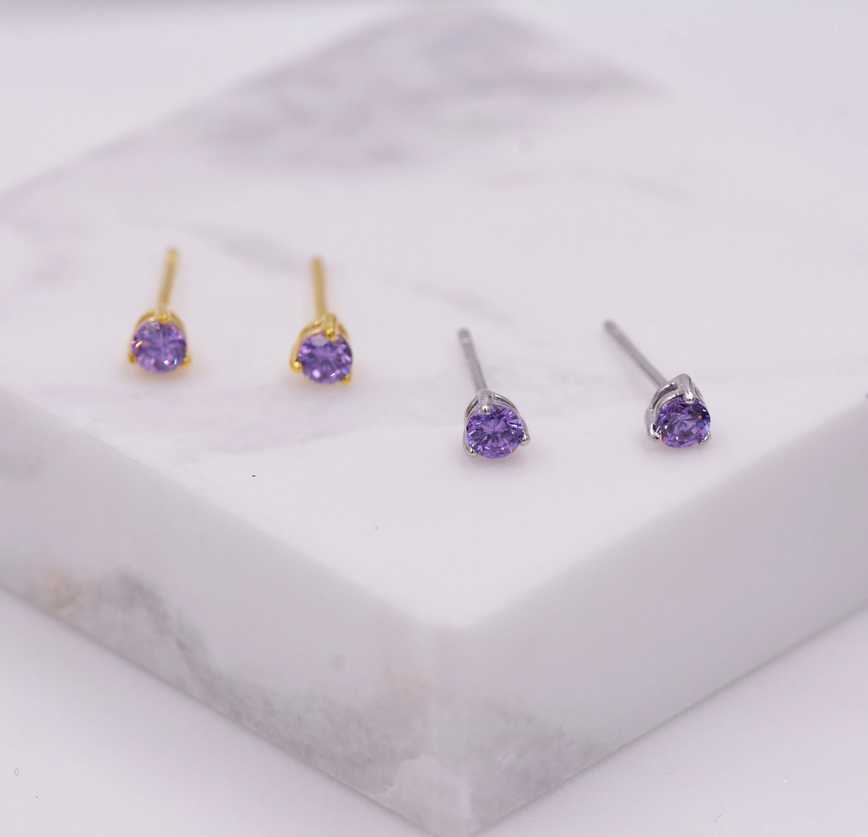 Amethyst Purple Crystal Stud Earrings in Sterling Silver, 3mm Three Prong, Gold or Silver, Tiny Stud - Image 3