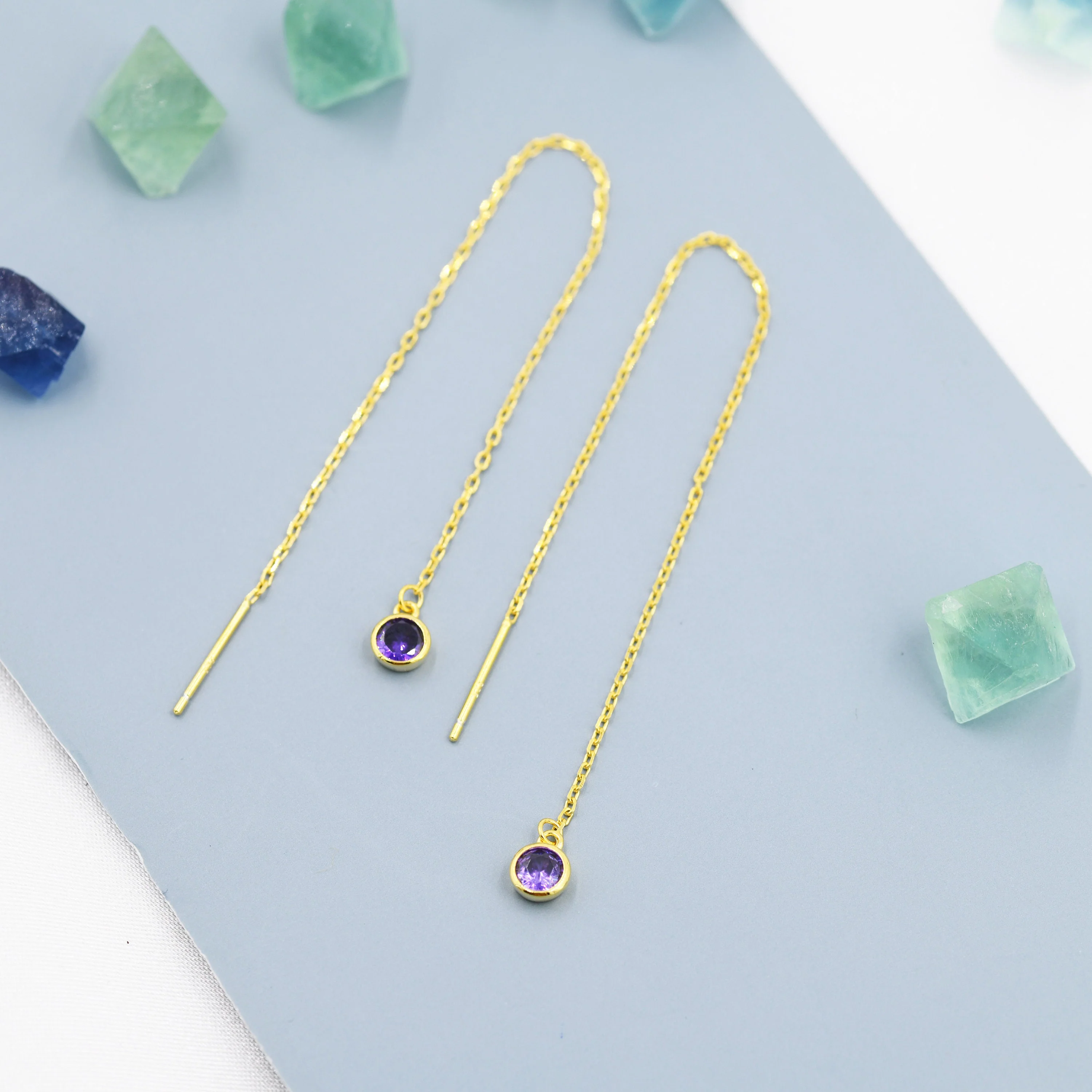 Amethyst Purple CZ Dot Threader Earrings in Sterling Silver, Silver or Gold, Minimalist Double Piercing Ear Threaders, February Birthstone - Image 3