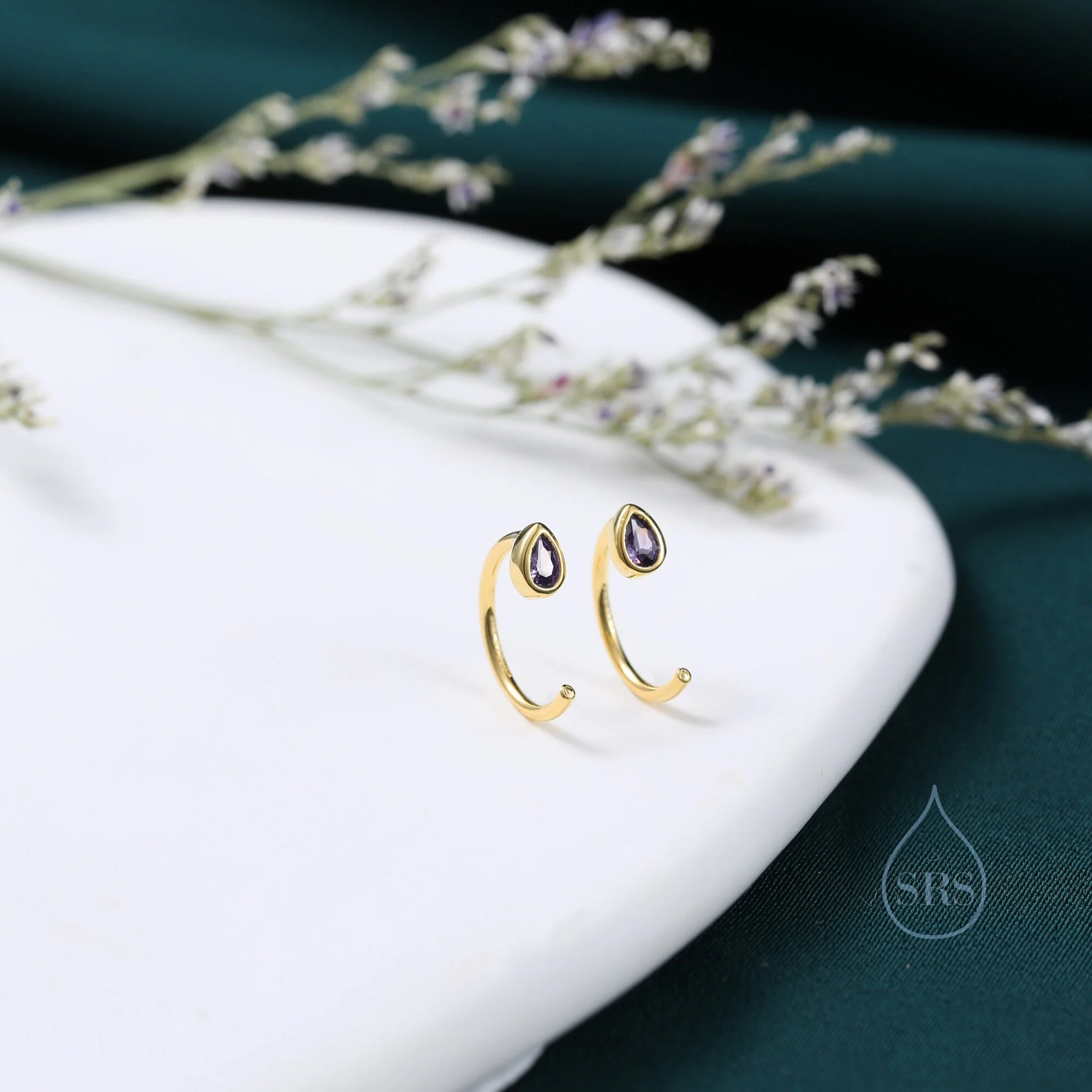 Amethyst Purple CZ Droplet Huggie Hoop Earrings in Sterling Silver, Tiny CZ Pear Cut Open Hoops, Pull Through Threaders, Half Hoops, C Shape - Image 5