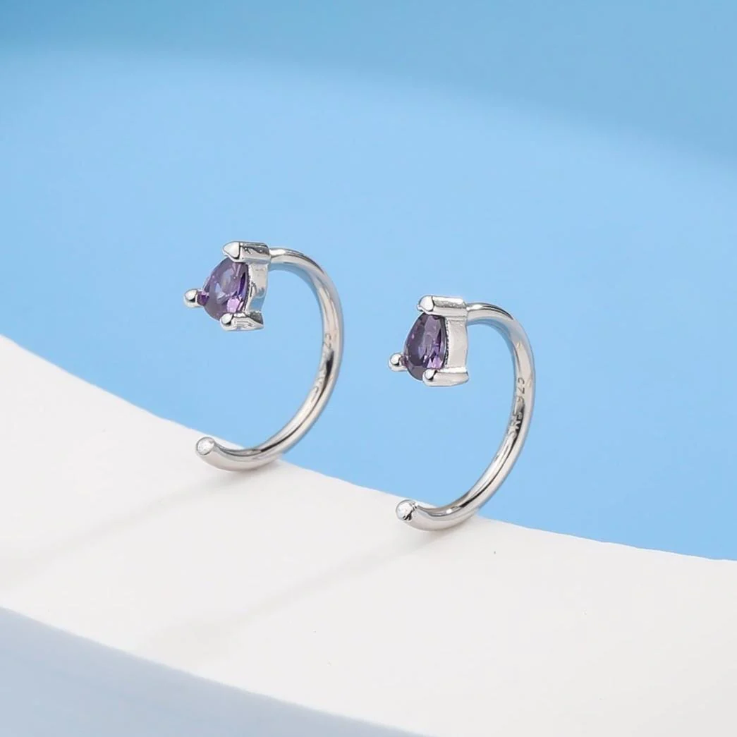 Amethyst Purple CZ Droplet Huggie Hoop Earrings in Sterling Silver, Tiny Purple Pear Cut CZ Open Hoops, Pull Through Threaders, Half Hoops - Image 2