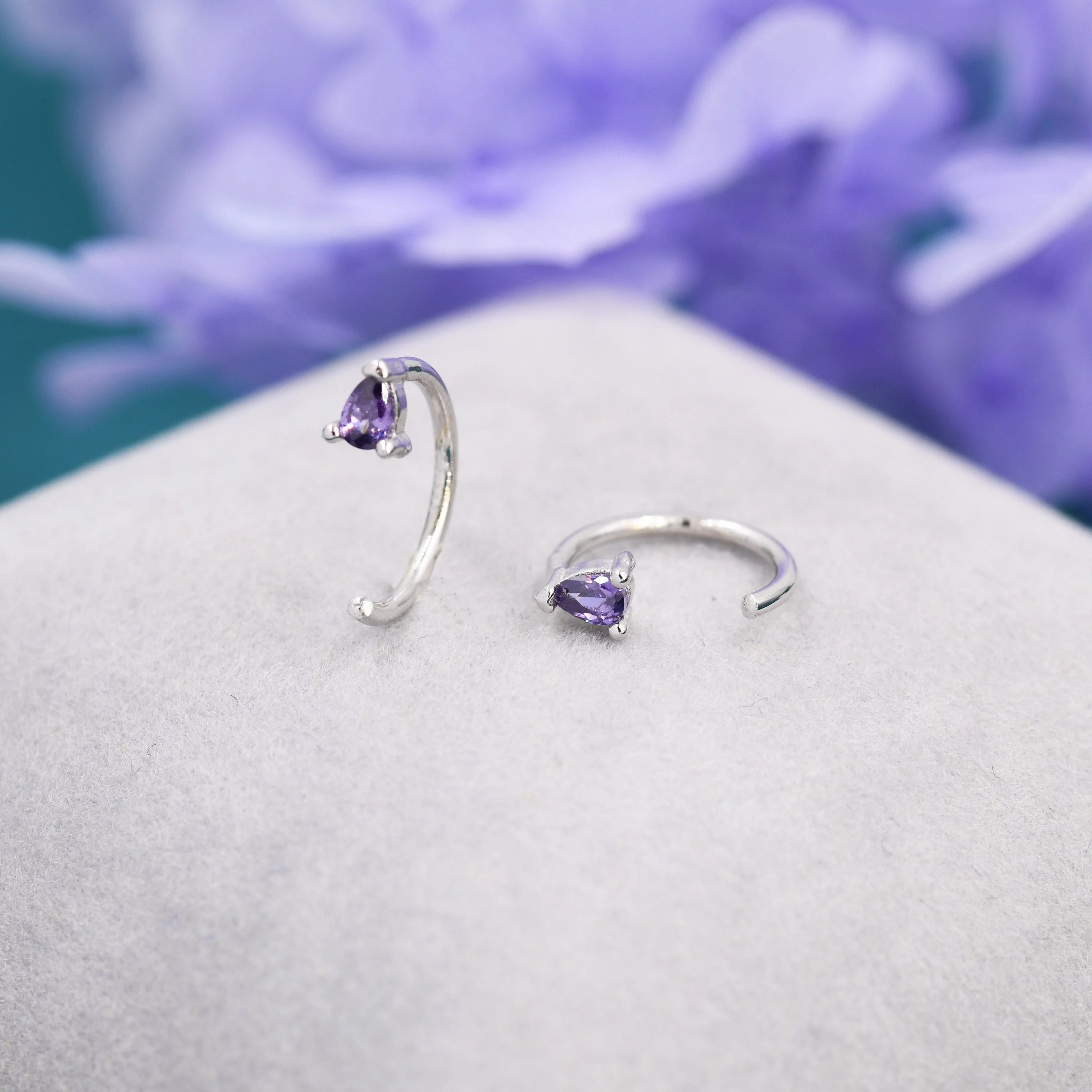 Amethyst Purple CZ Droplet Huggie Hoop Earrings in Sterling Silver, Tiny Purple Pear Cut CZ Open Hoops, Pull Through Threaders, Half Hoops - Image 3